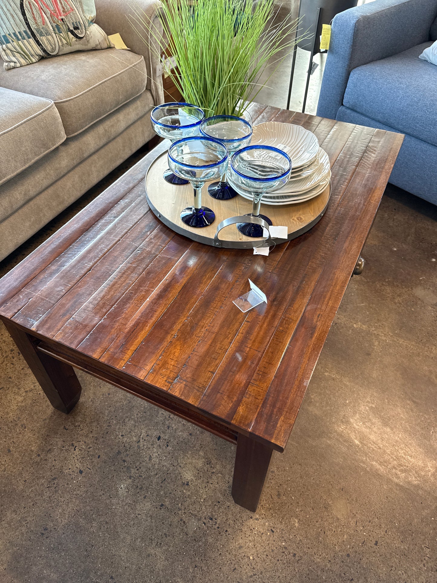 Wood plank coffee table with drawer
