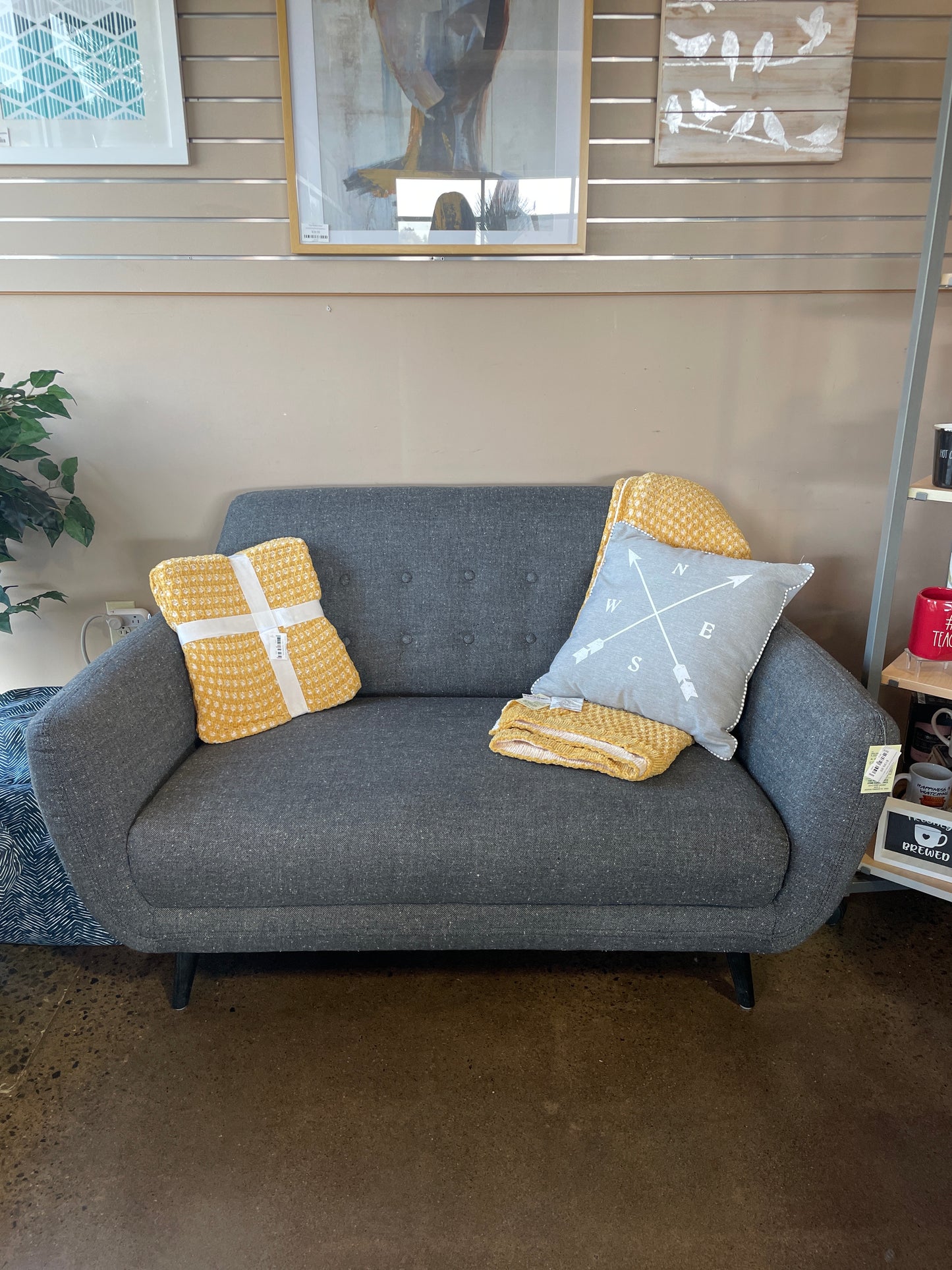 Loveseat Charcoal Nubby Fabric Tufted Back