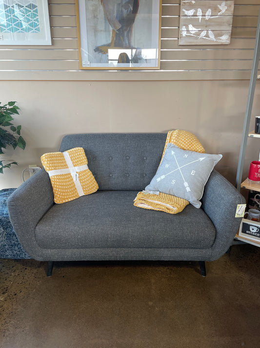 Loveseat Charcoal Nubby Fabric Tufted Back
