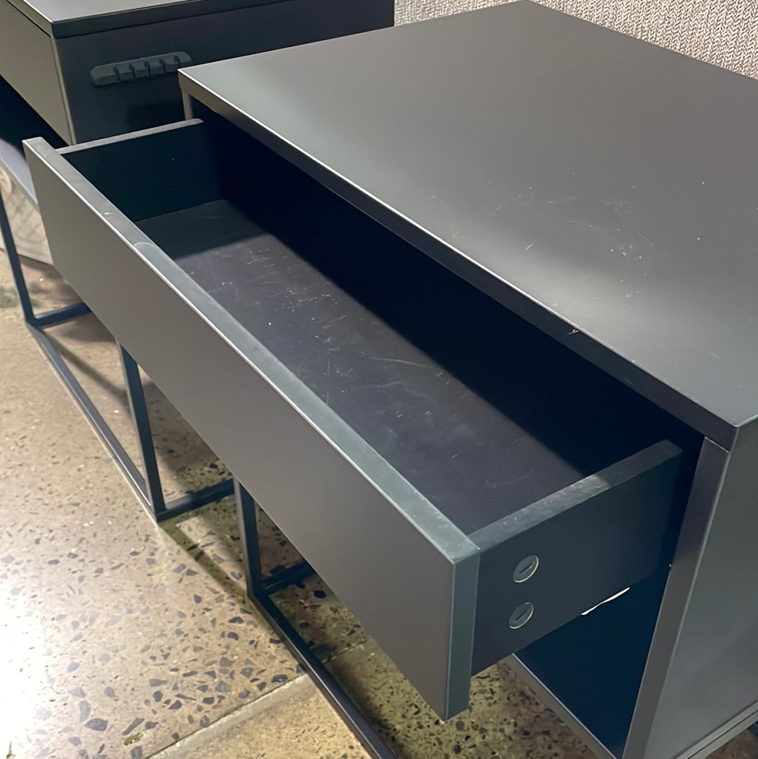 Black nightstands with drawer and shelf