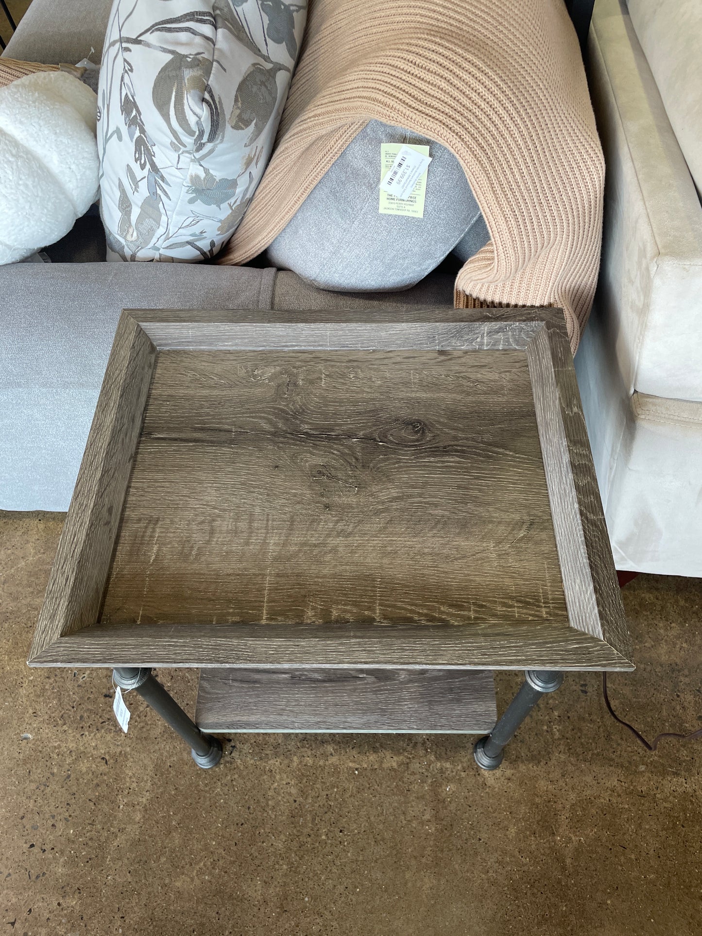End Table Gray Wood & Pewter Metal w/Shelf