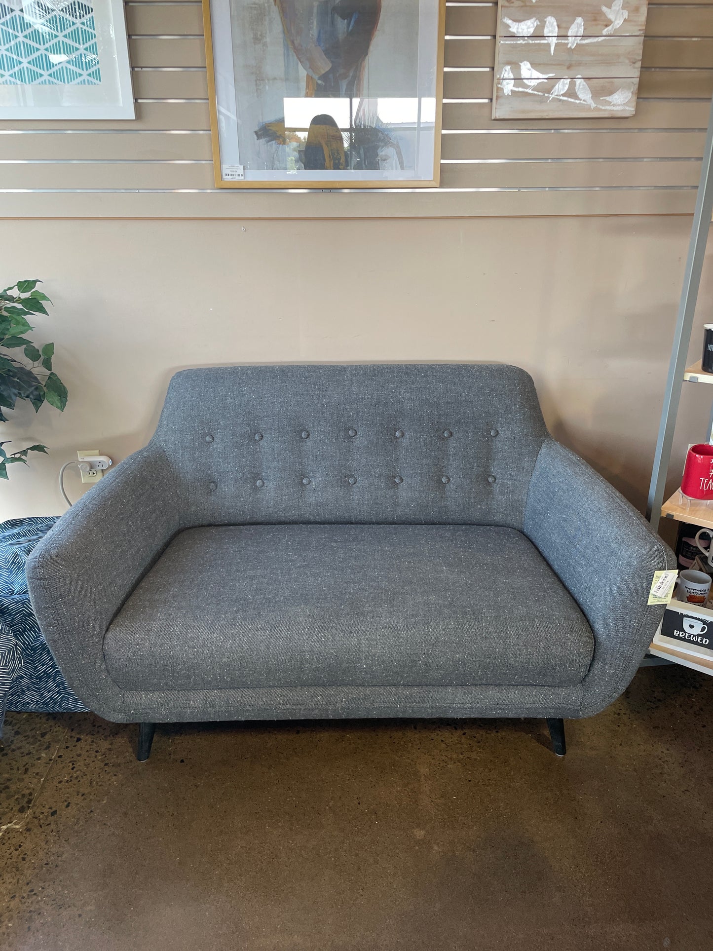 Loveseat Charcoal Nubby Fabric Tufted Back
