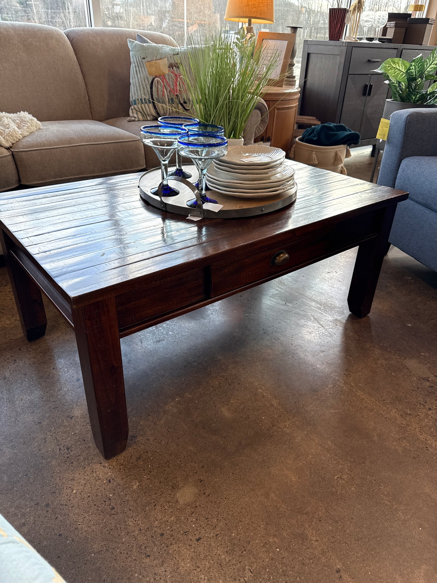 Wood plank coffee table with drawer