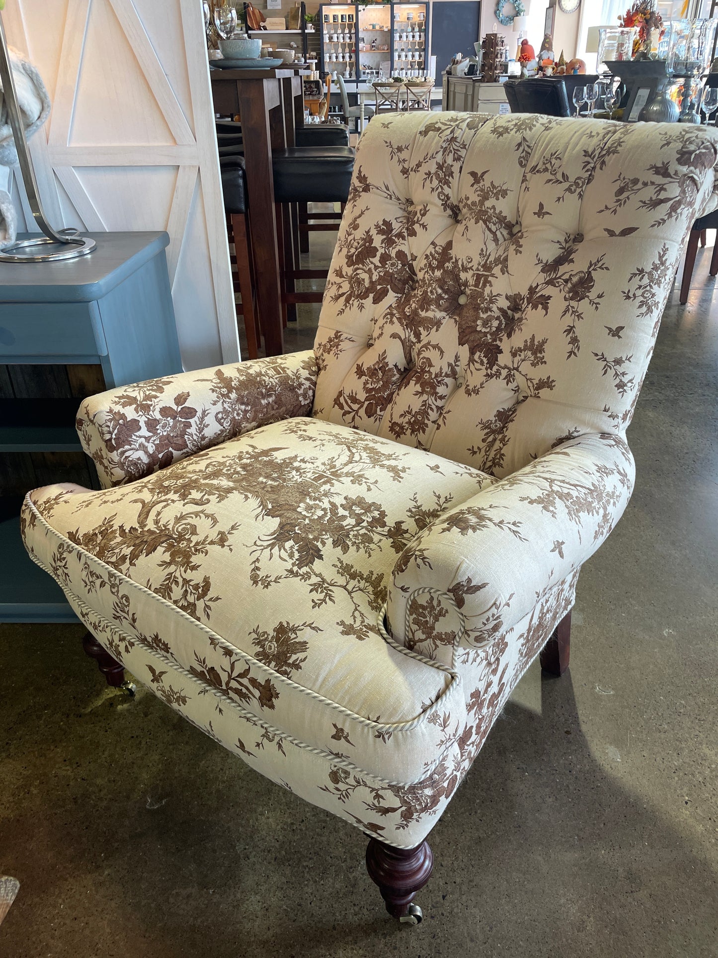 Cream and Brown Tufted Accent Chair