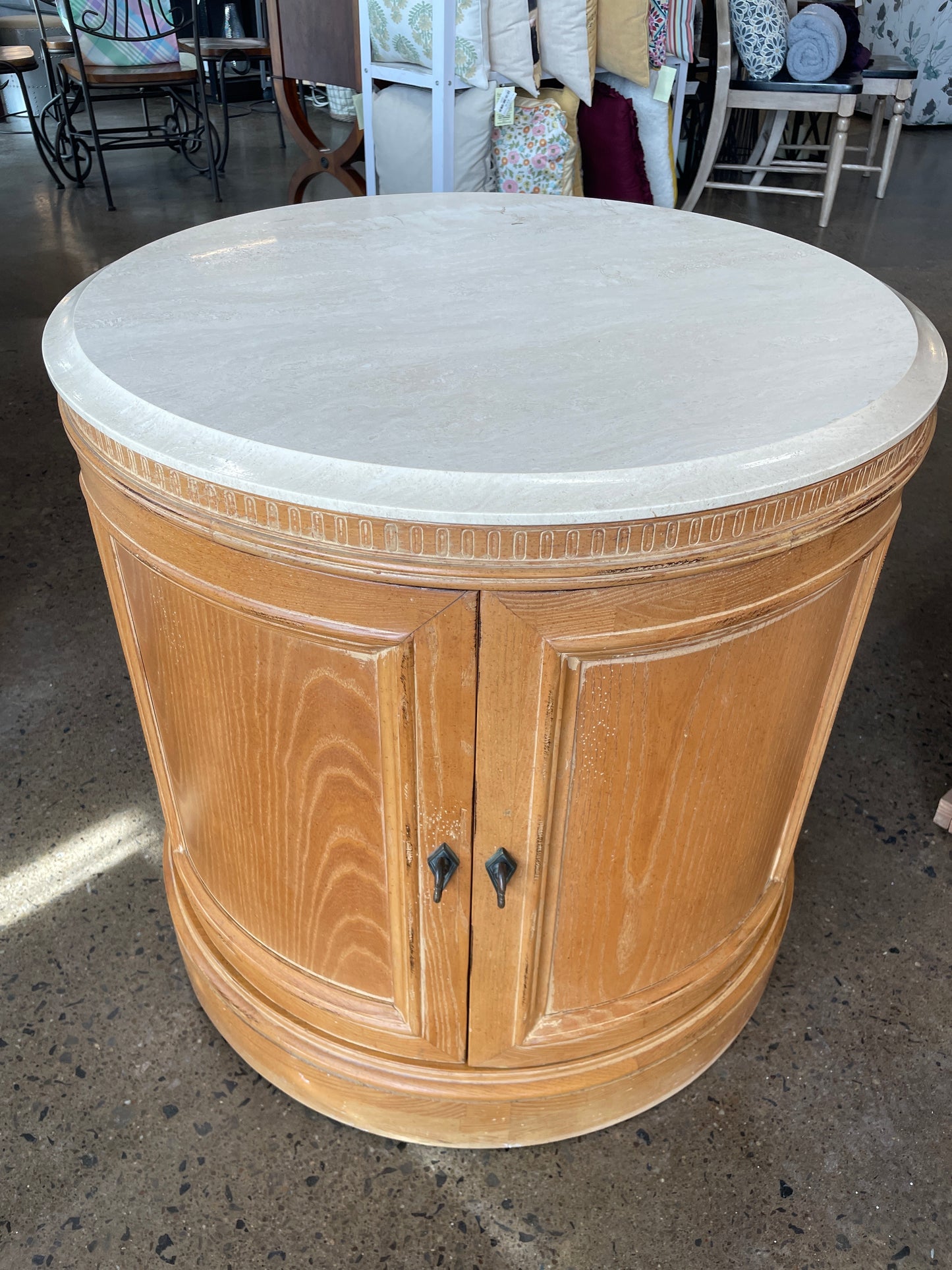 Round Light Wood Marble Top End Table