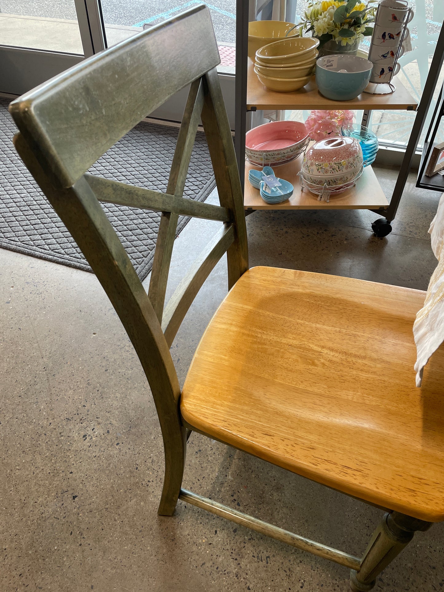 Wood top, green base kitchen table