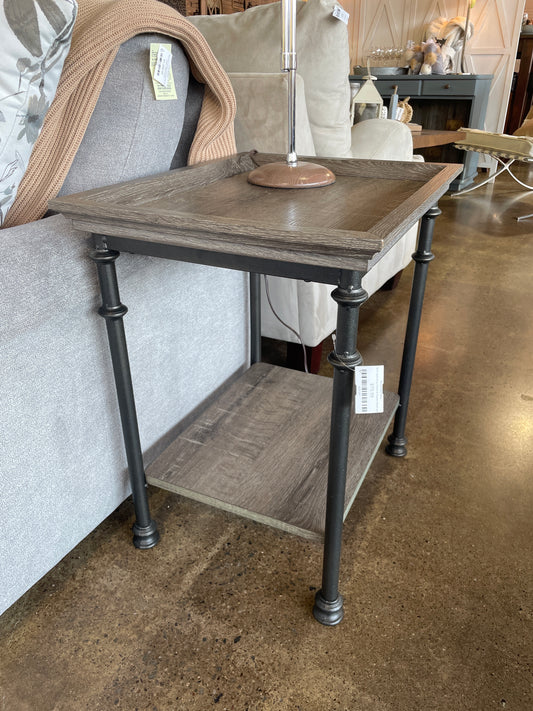 End Table Gray Wood & Pewter Metal w/Shelf