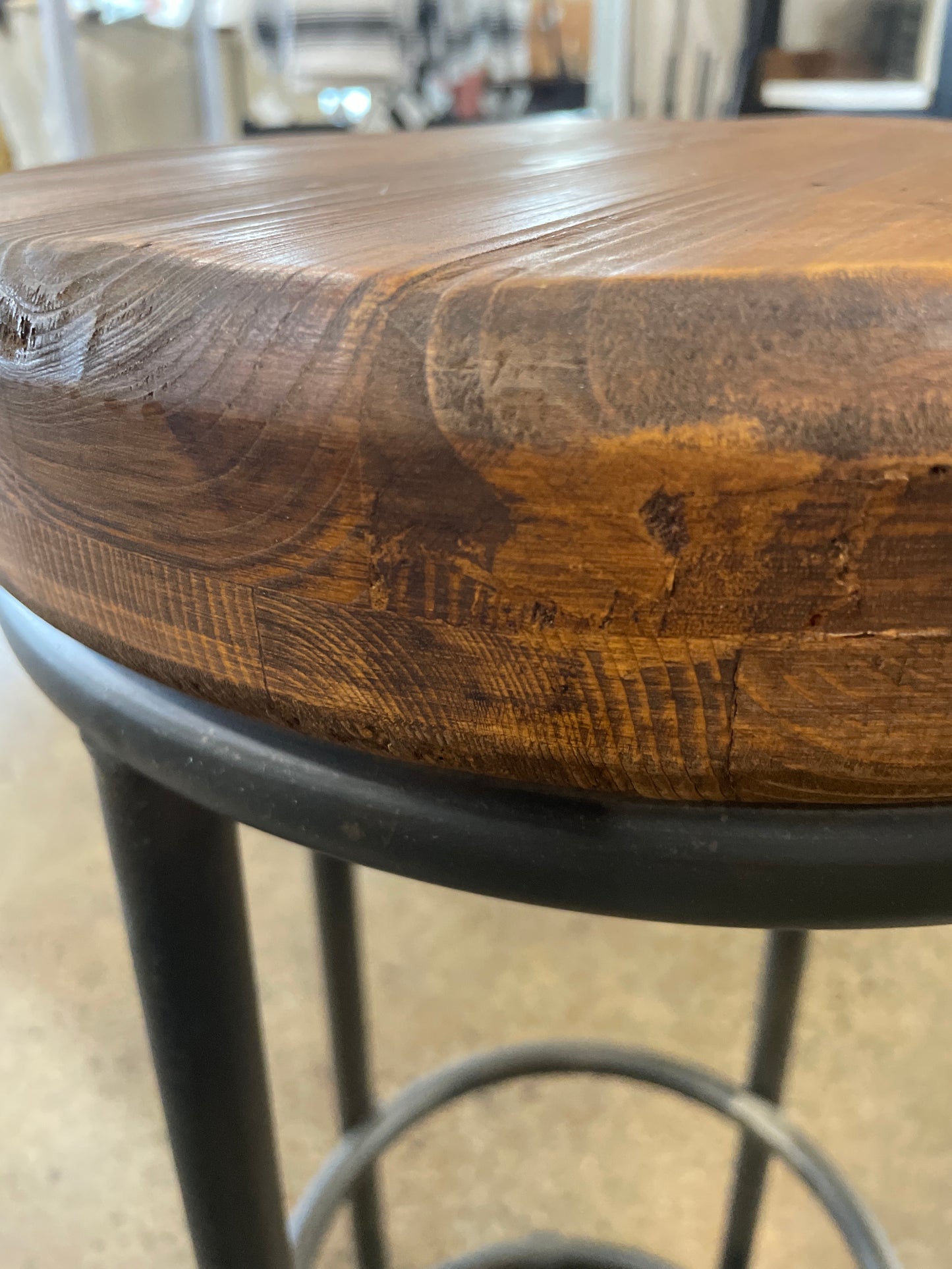 Barstool PAIR Wood Seat/Iron Base