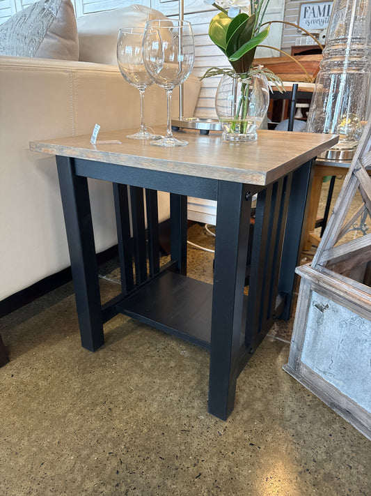 Refinished wood topped black end tables (2)