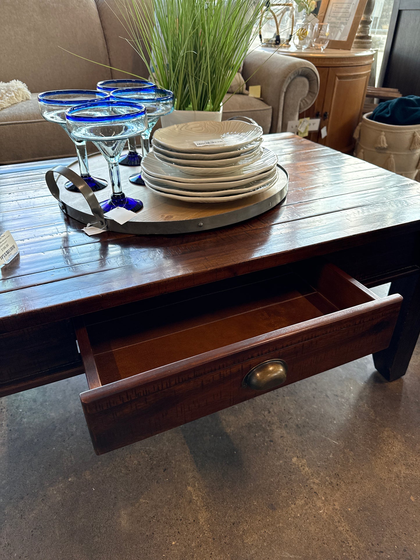 Wood plank coffee table with drawer