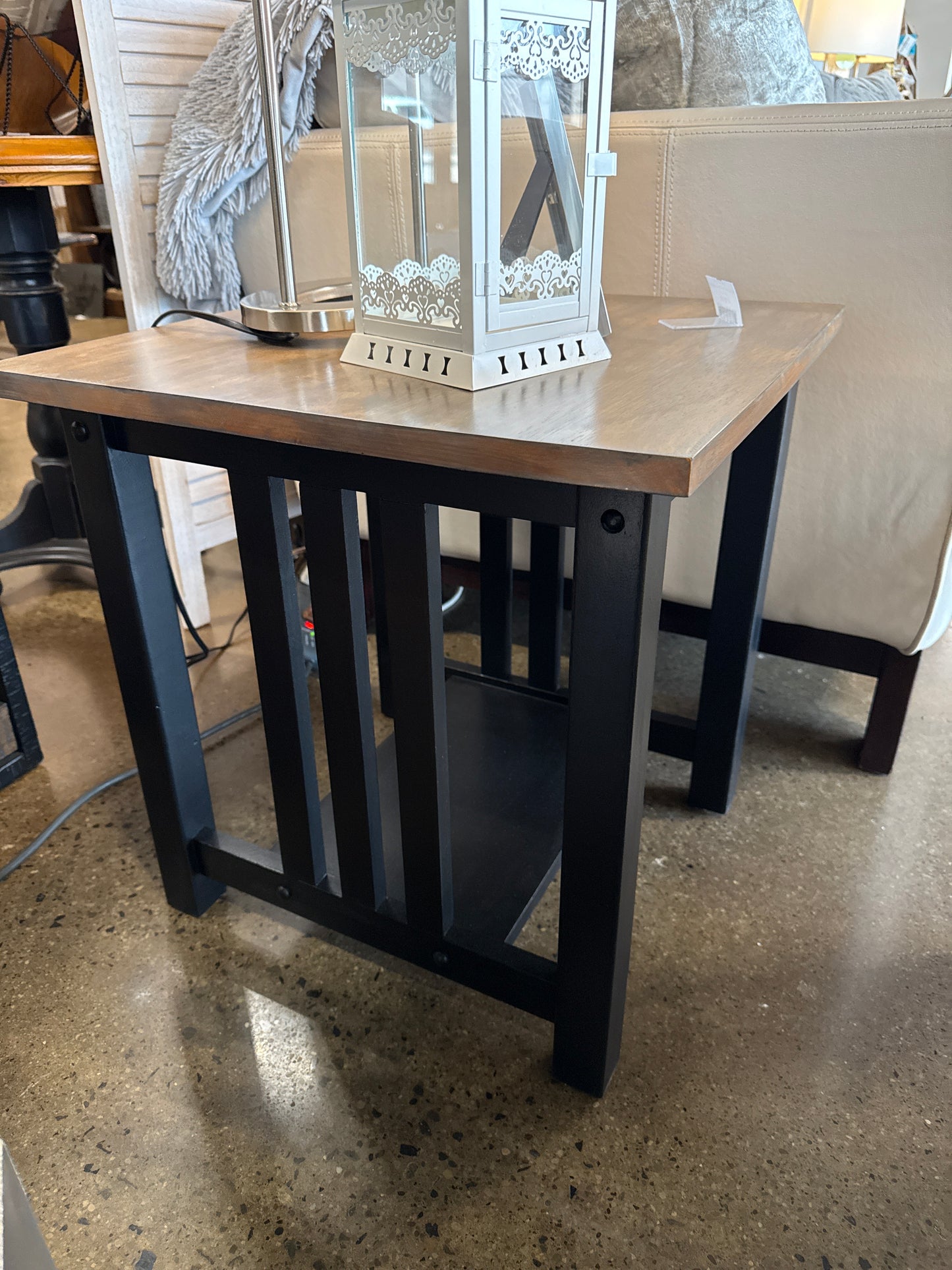 Refinished wood topped black end tables (2)