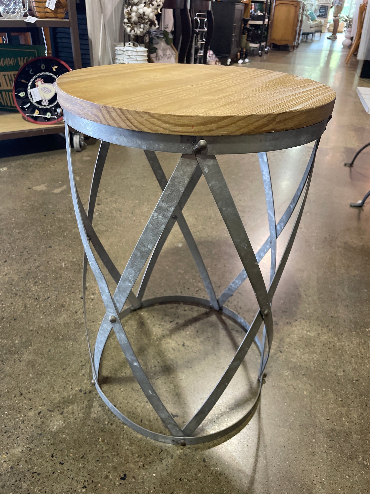 Accent Table. Wood Top. Open Metal Strip Base.