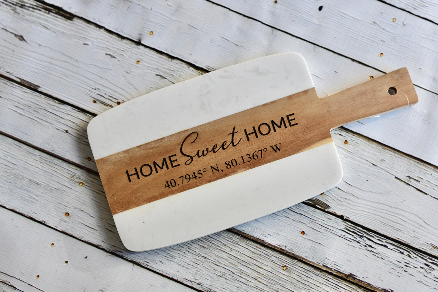 Personalized Marble & Acacia Charcuterie Board Coordinates