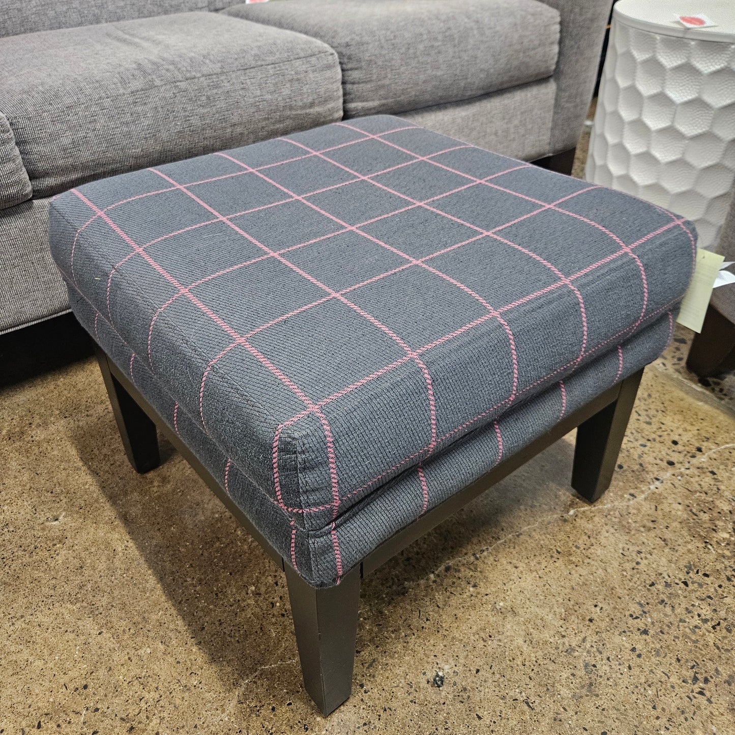 Ottoman Gray & Pink Check Wood Legs