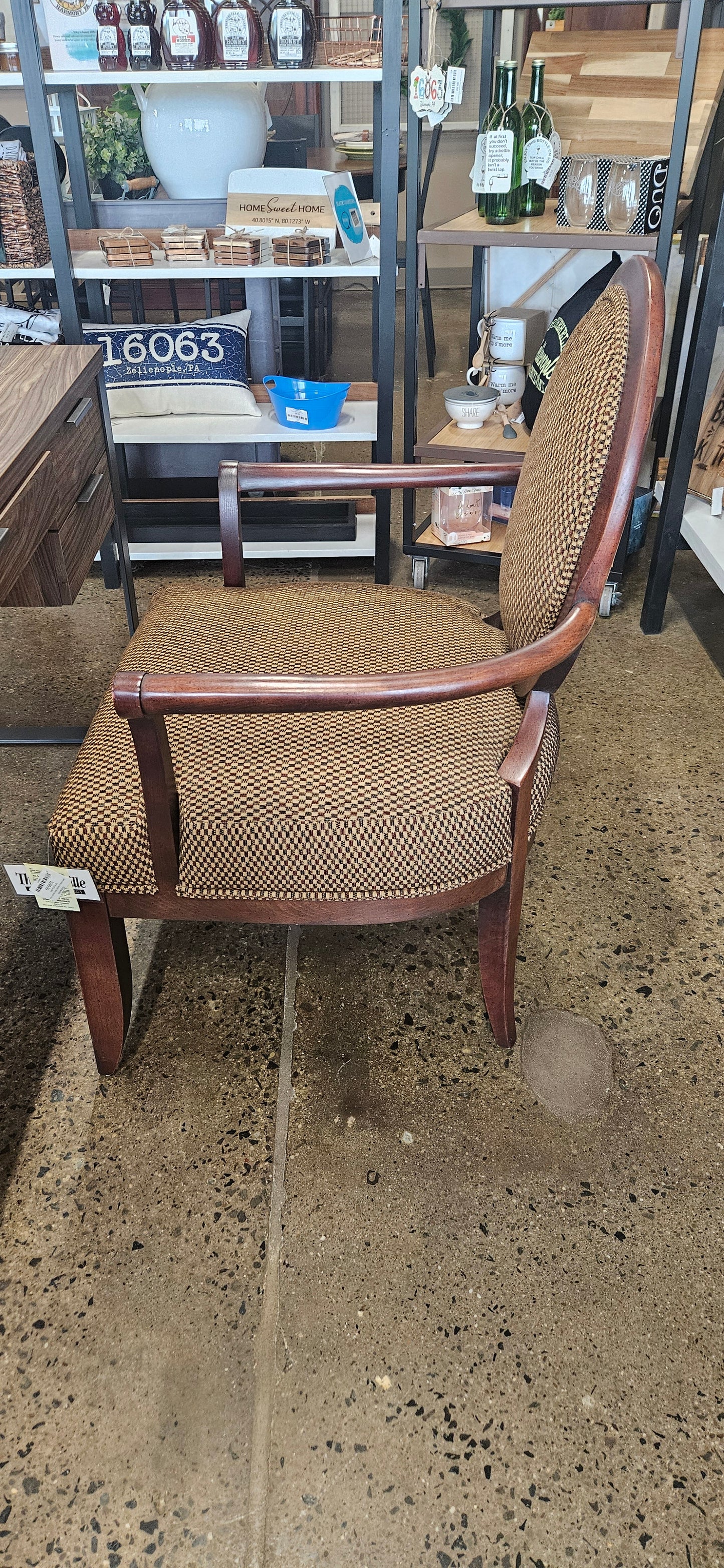 Dark wood w/ neutral fabric accent chair