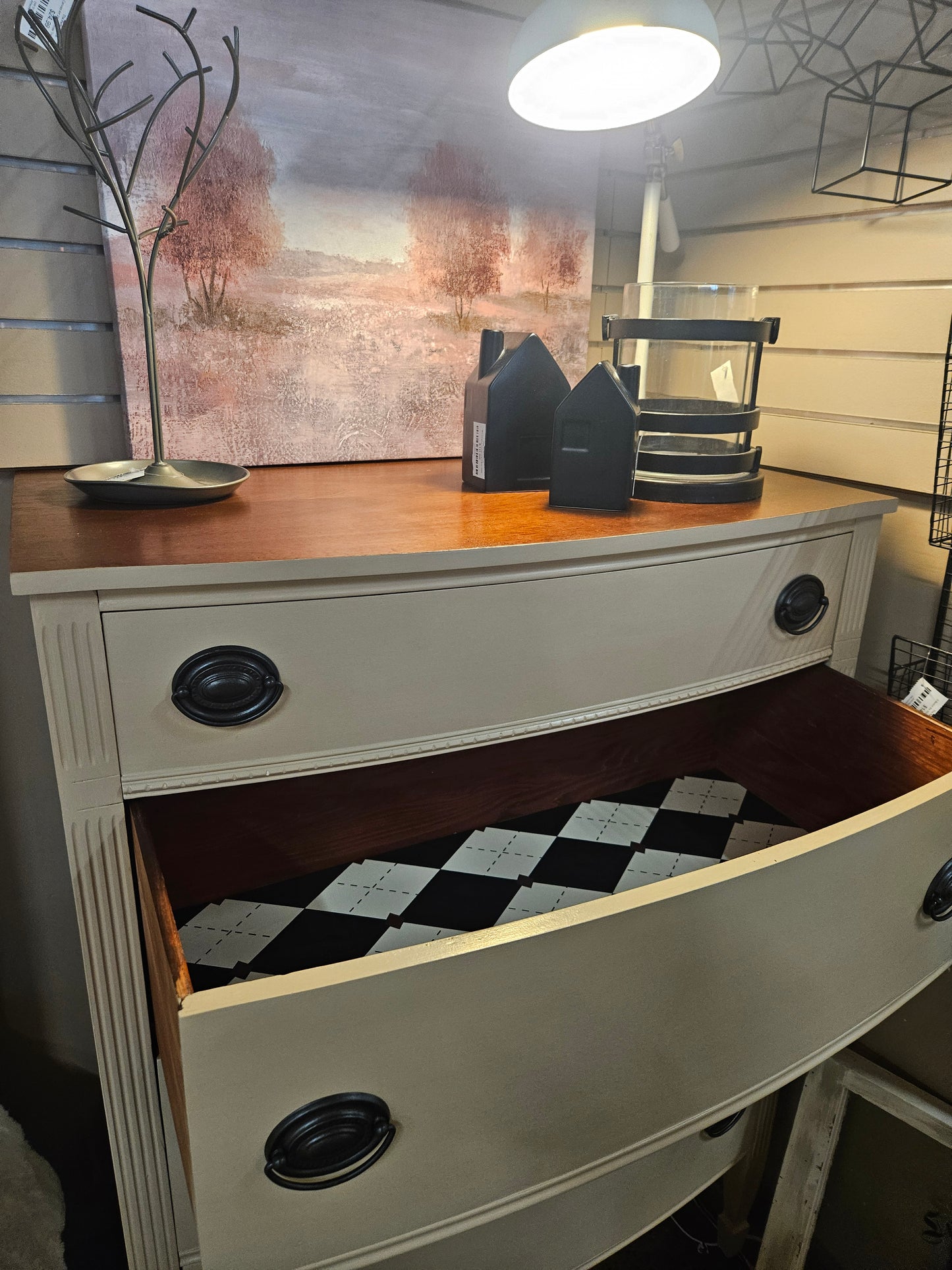 Refinished dresser with casters and lined drawers