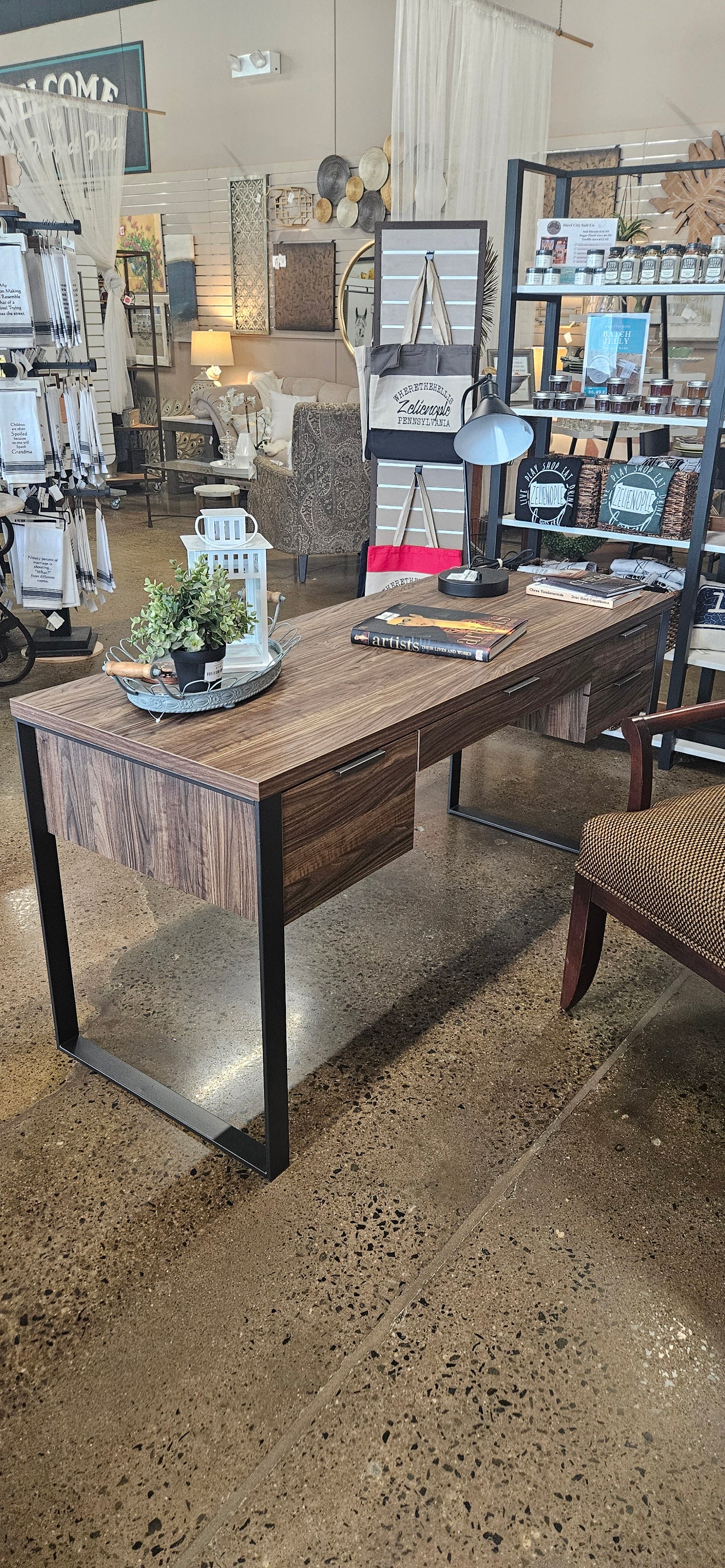 Wood look writing desk with charger