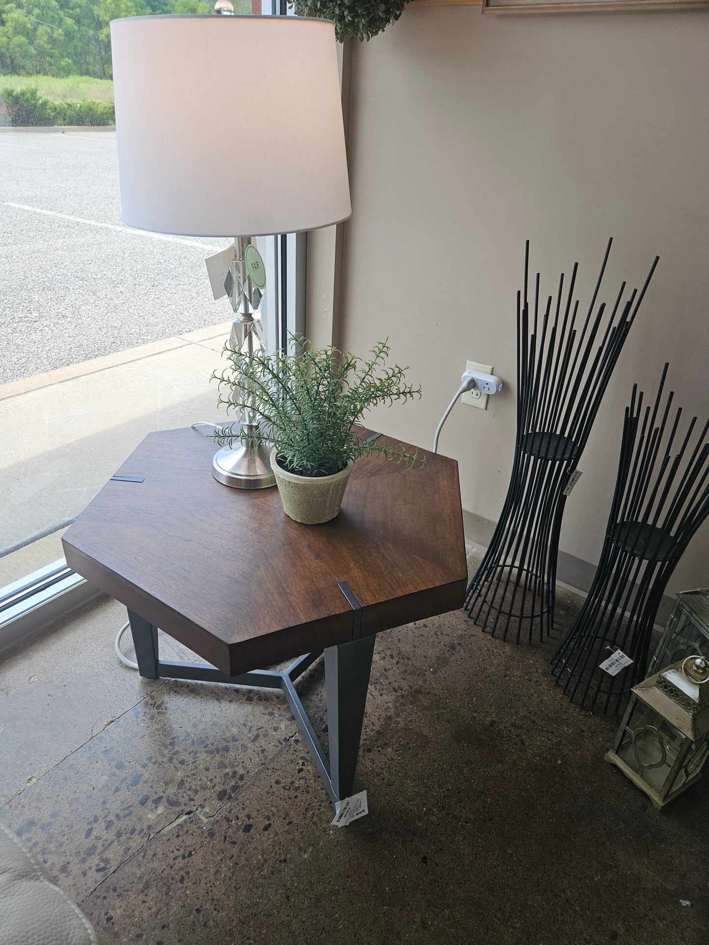 Wood top metal legs hexagon end tables (2)