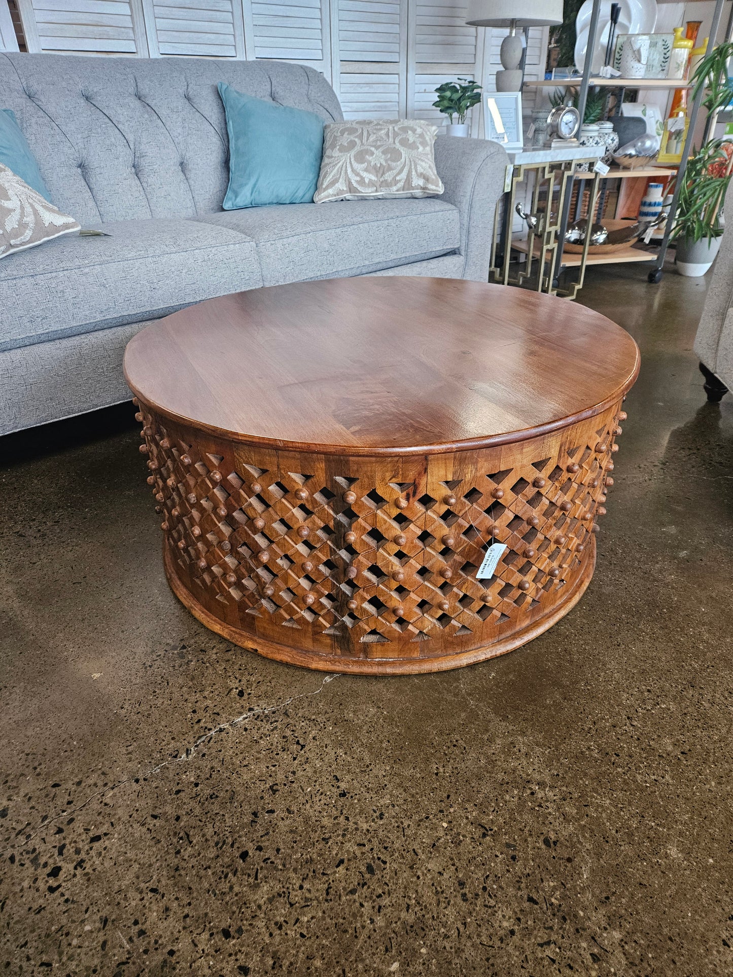 Round Lattice Wood Coffee Table