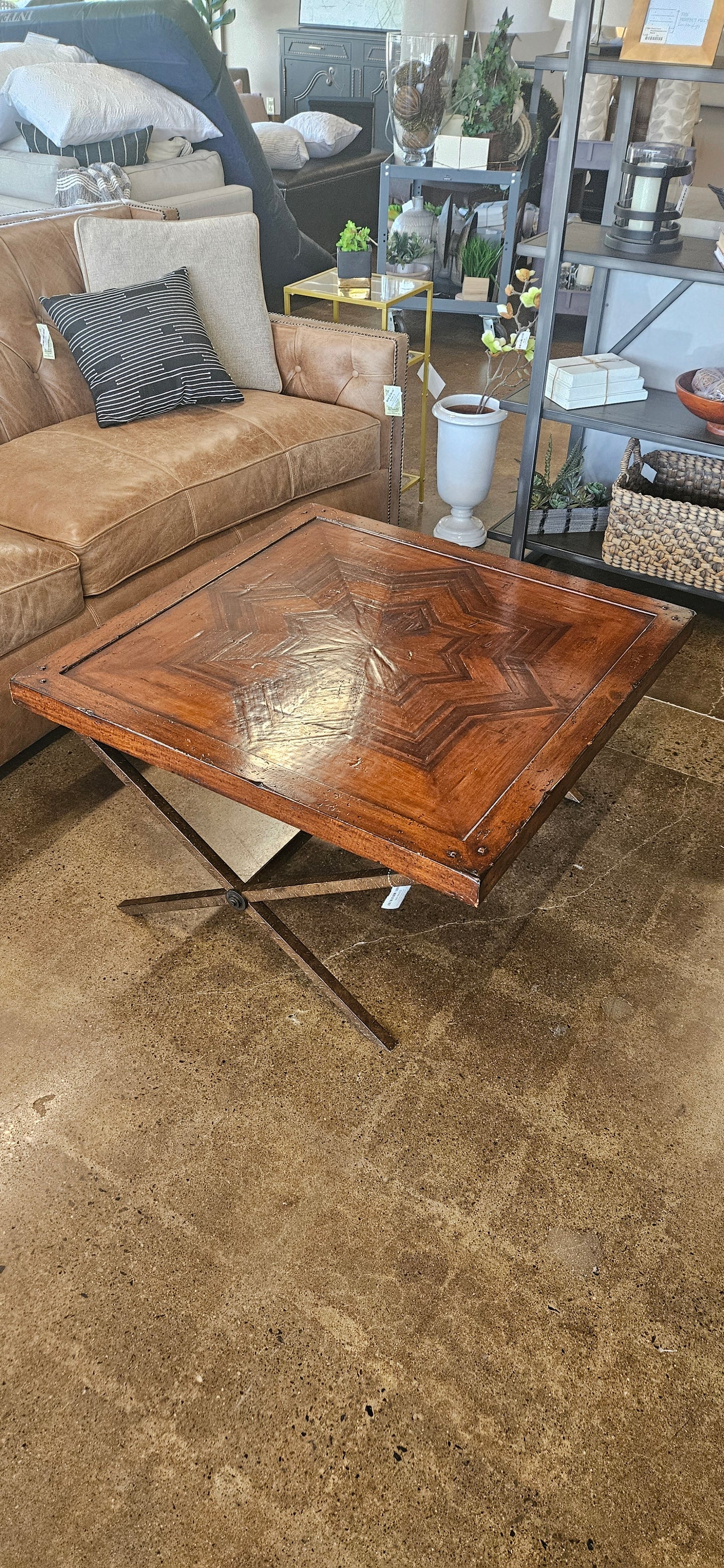 Red oak coffee table with metal base