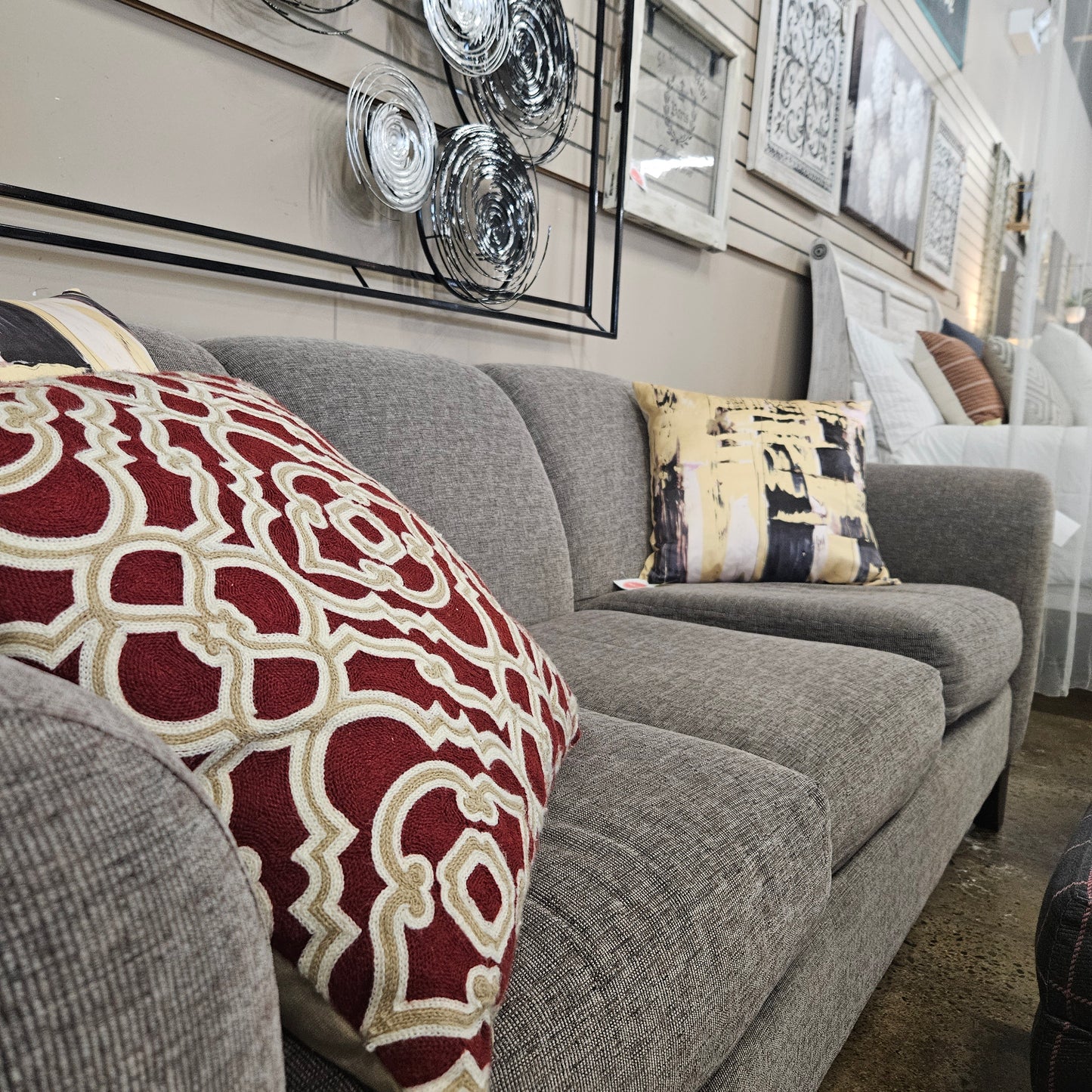 Gray upholstered sofa