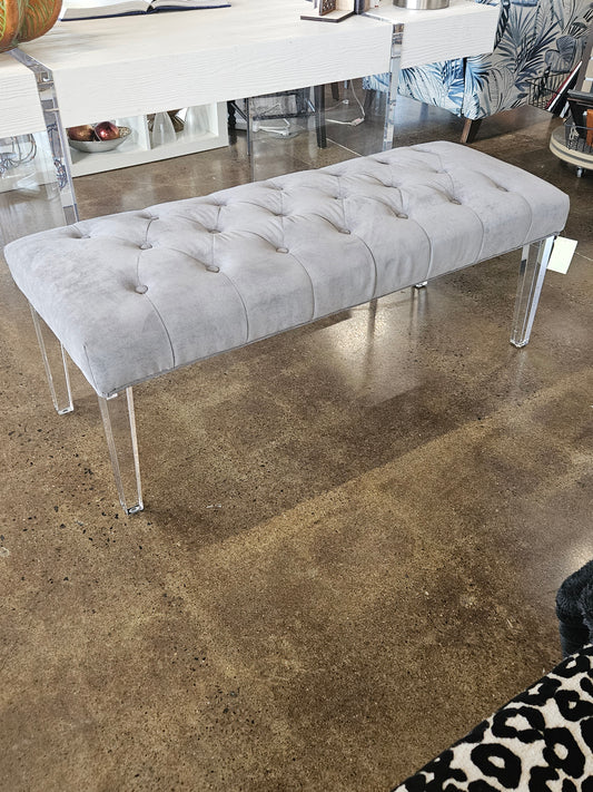 Gray Velvet Tufted Seat Bench/Clear Legs
