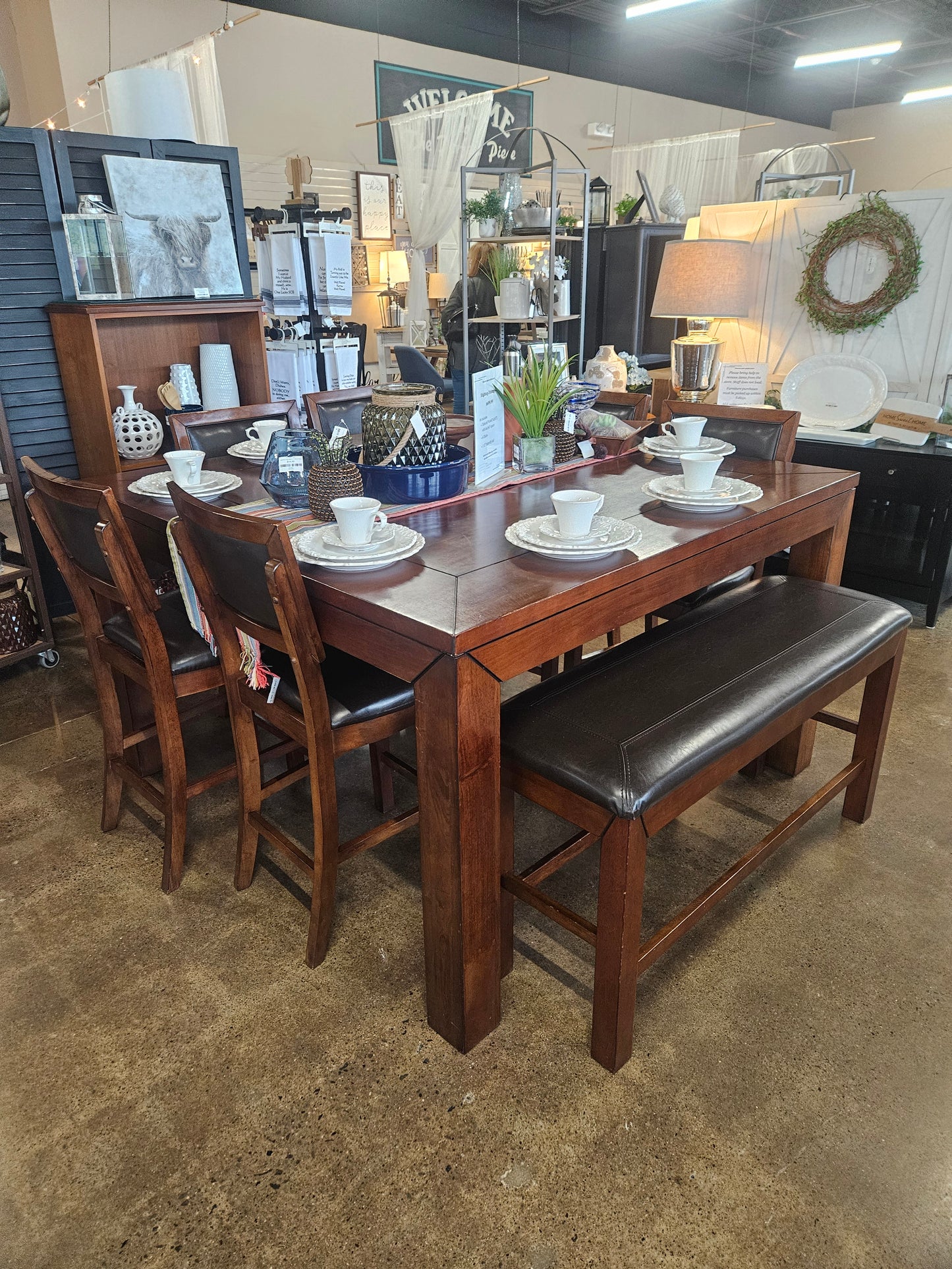 High-top Table with Leaf, 6 Chairs, Bench