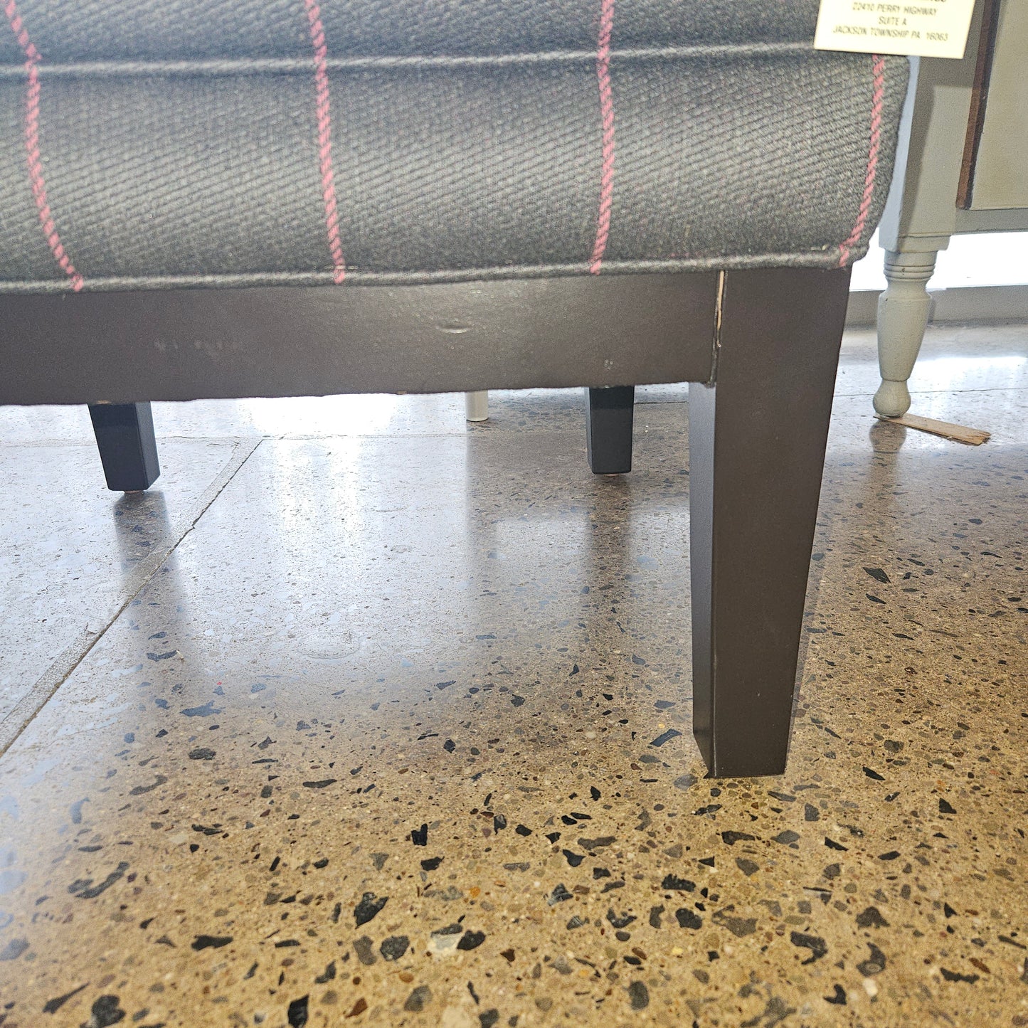 Ottoman Gray & Pink Check Wood Legs