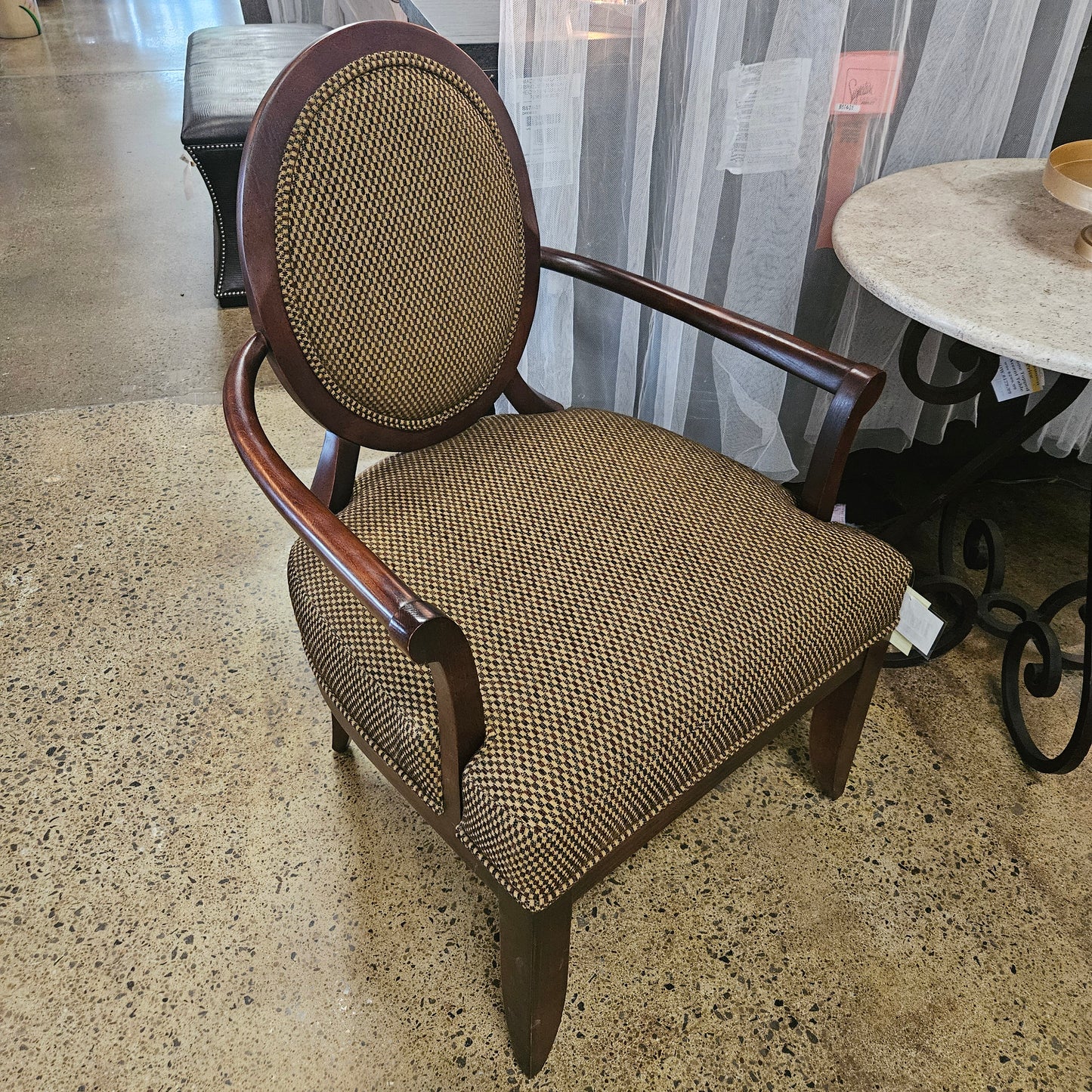 Dark wood w/ neutral fabric accent chair