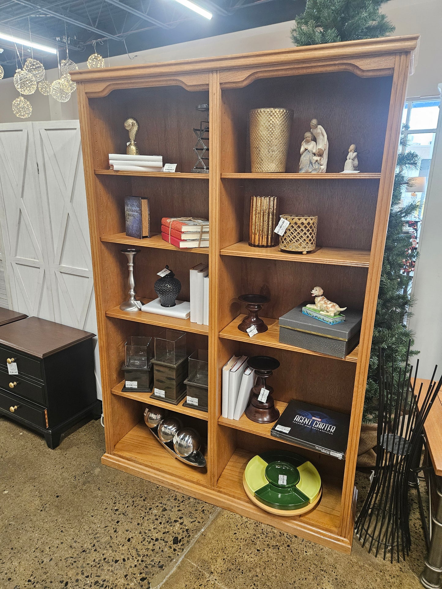 Oak double wide shelving unit with adjustable shelves