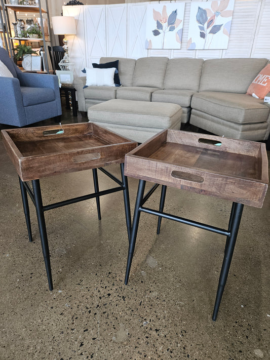 End Table PAIR Wood Tray Top/Metal Base