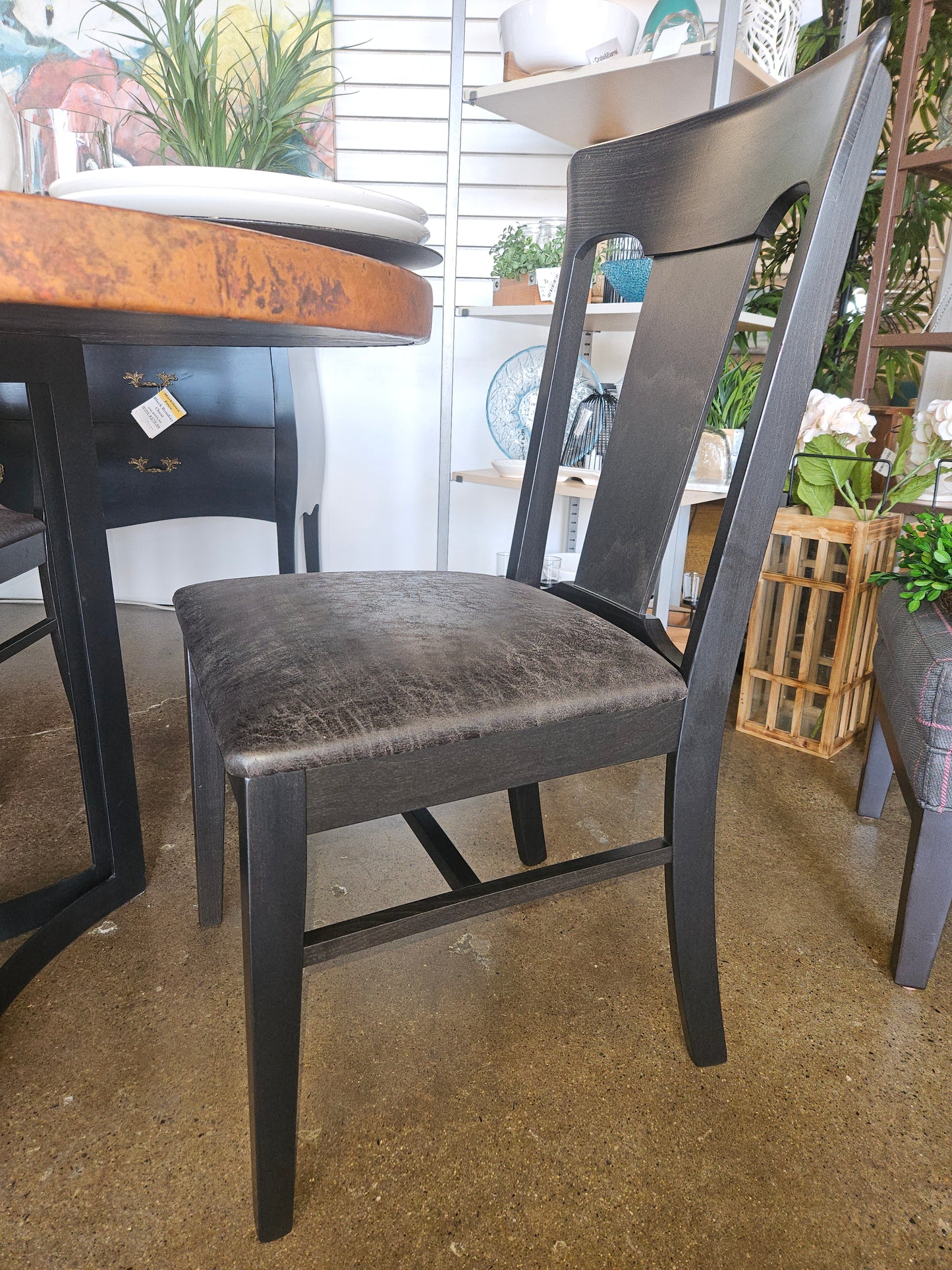 Hammered Copper Topped Table w/6 Black Chairs