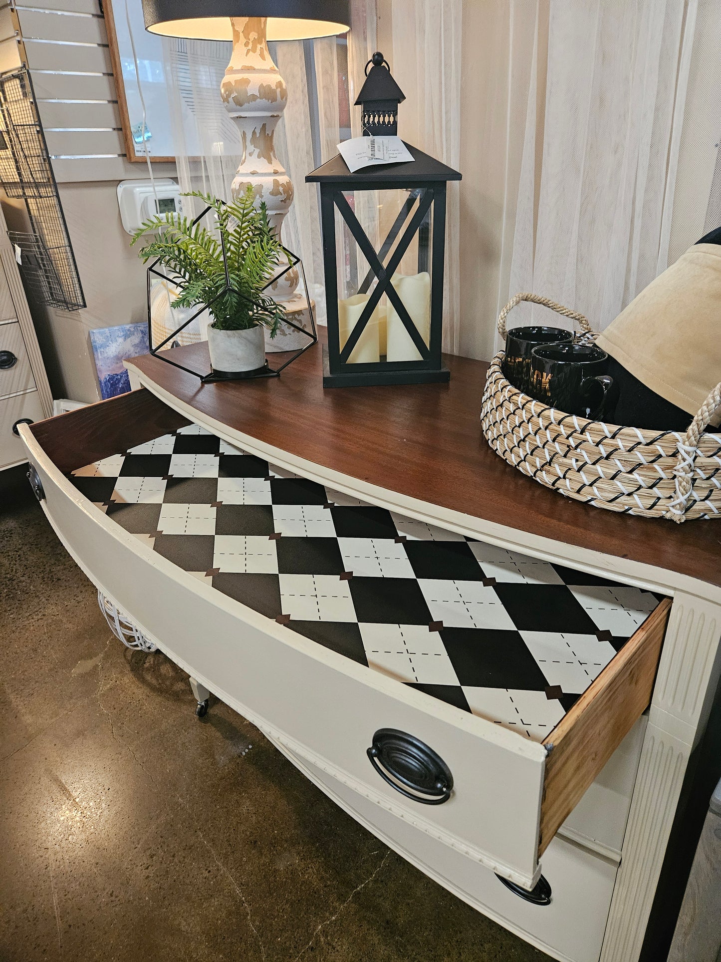 Refinished dresser with casters and lined drawers