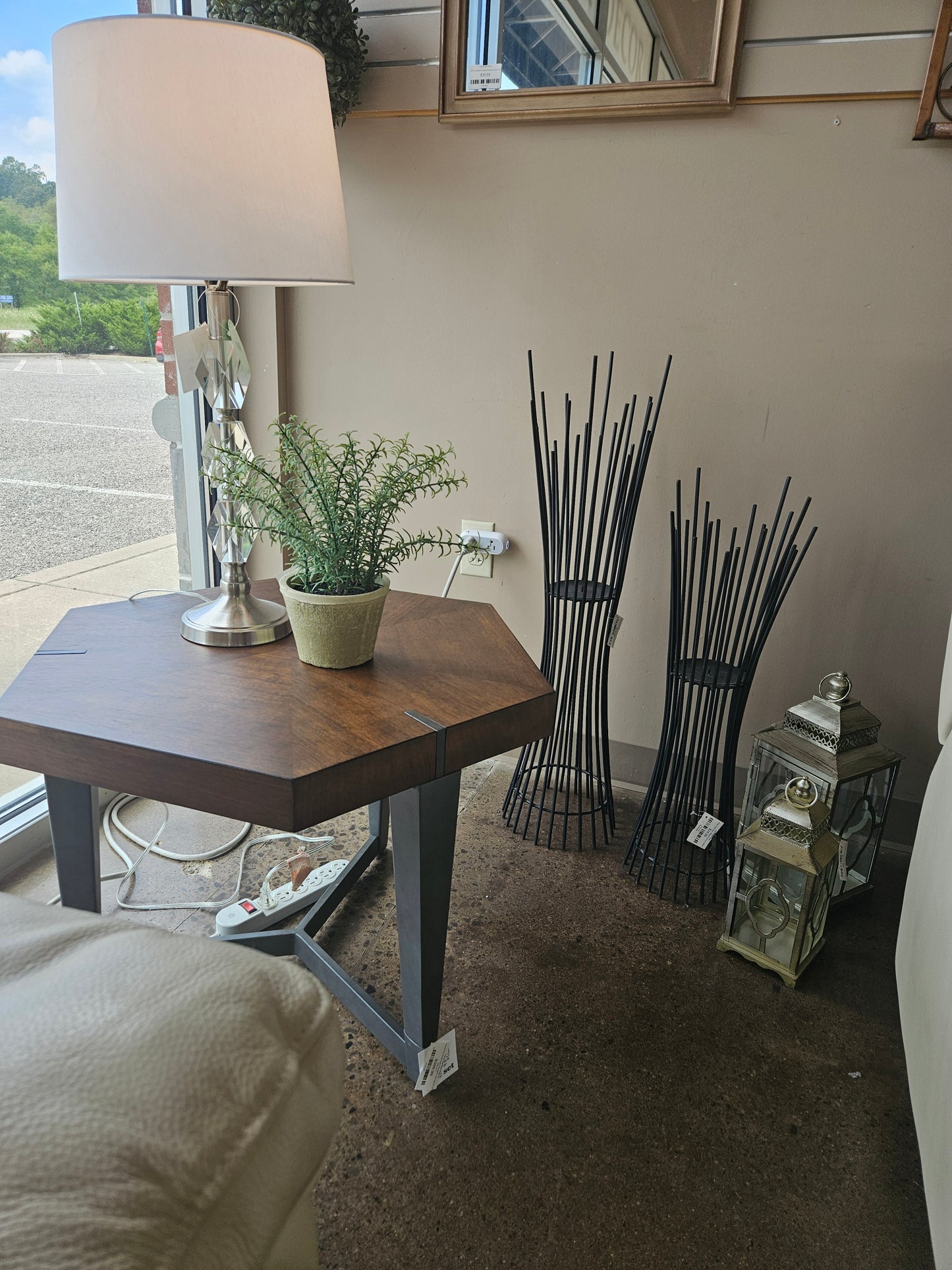 Wood top metal legs hexagon end tables (2)