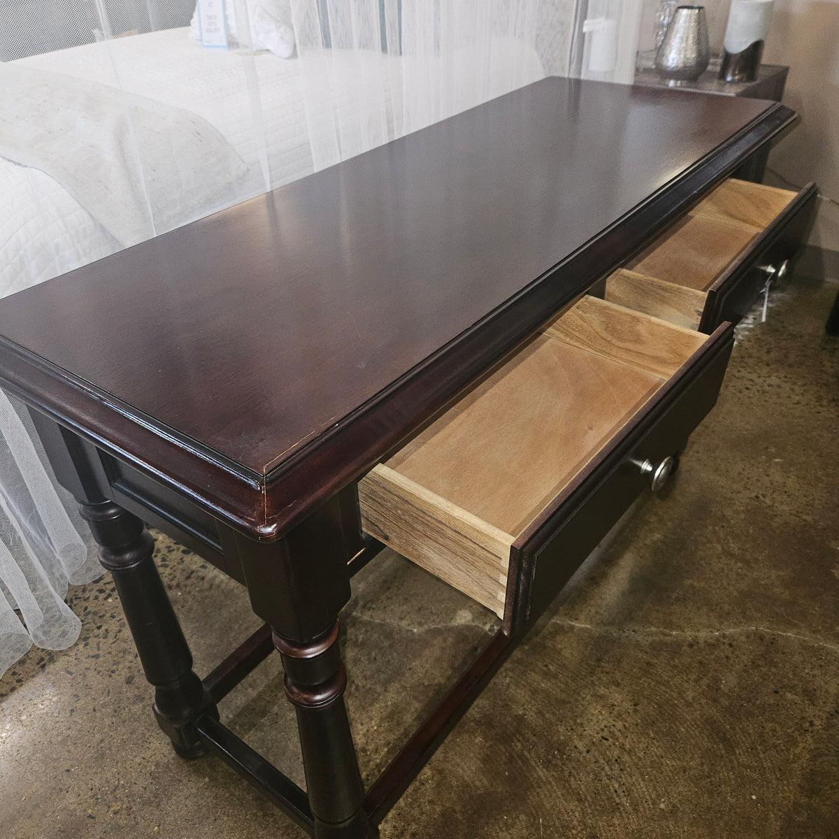 Dark wood sofa table with 2 drawers