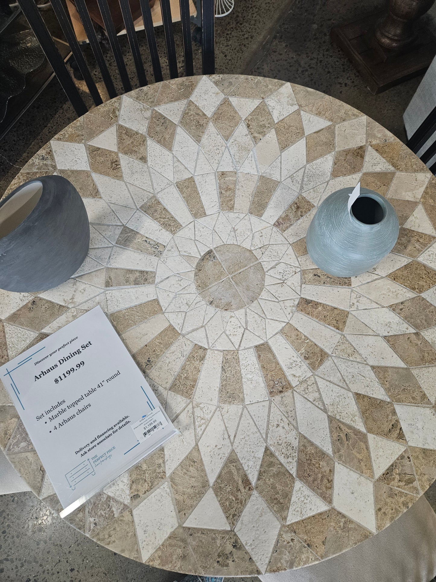 Arhaus marble circular dining table and four chairs