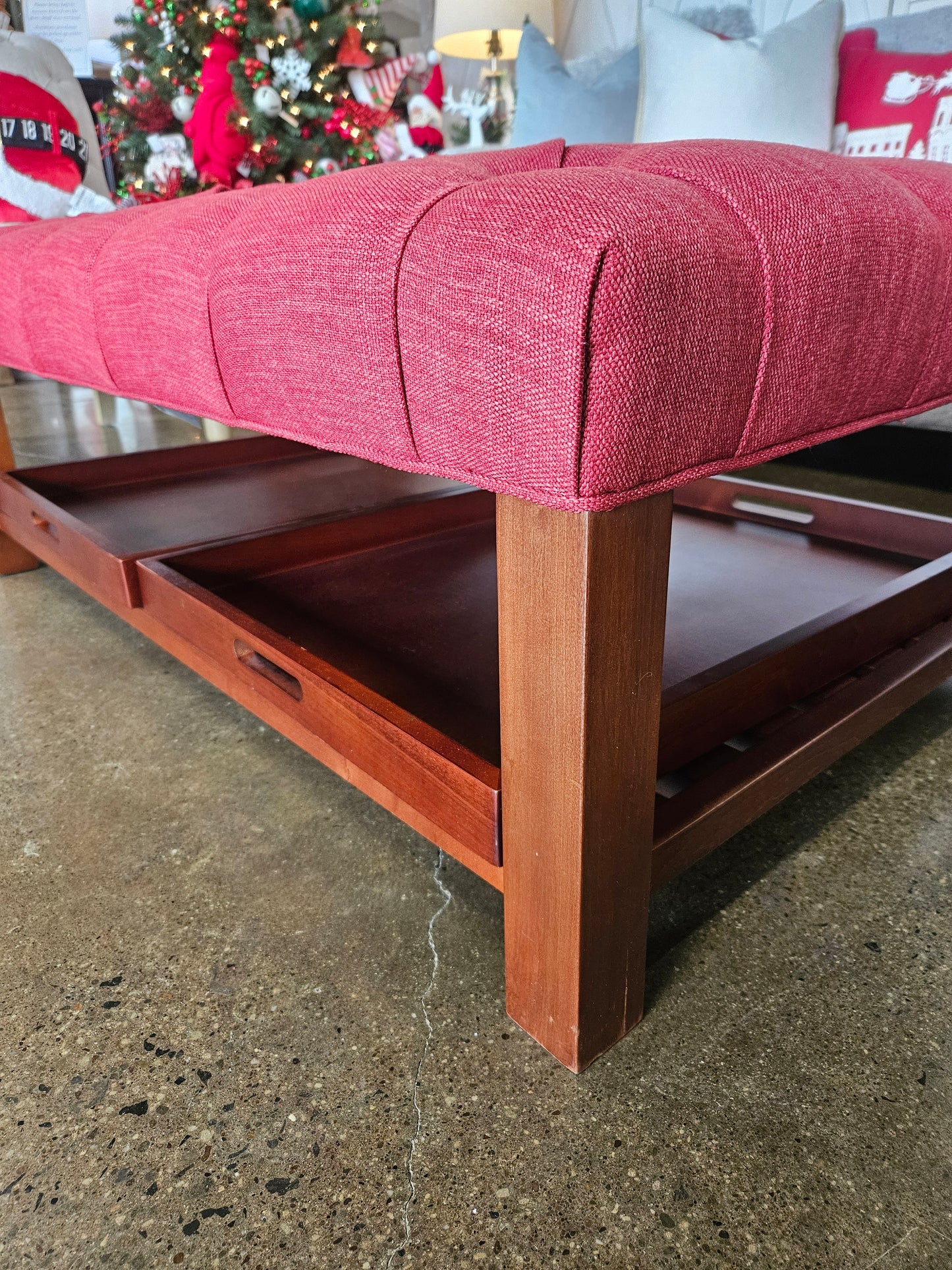 Red Upholstered Ottoman/Coffee Table with Removable Trays