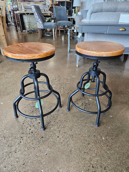 Stool PAIR Adjustable Ht Wood/Blk Iron