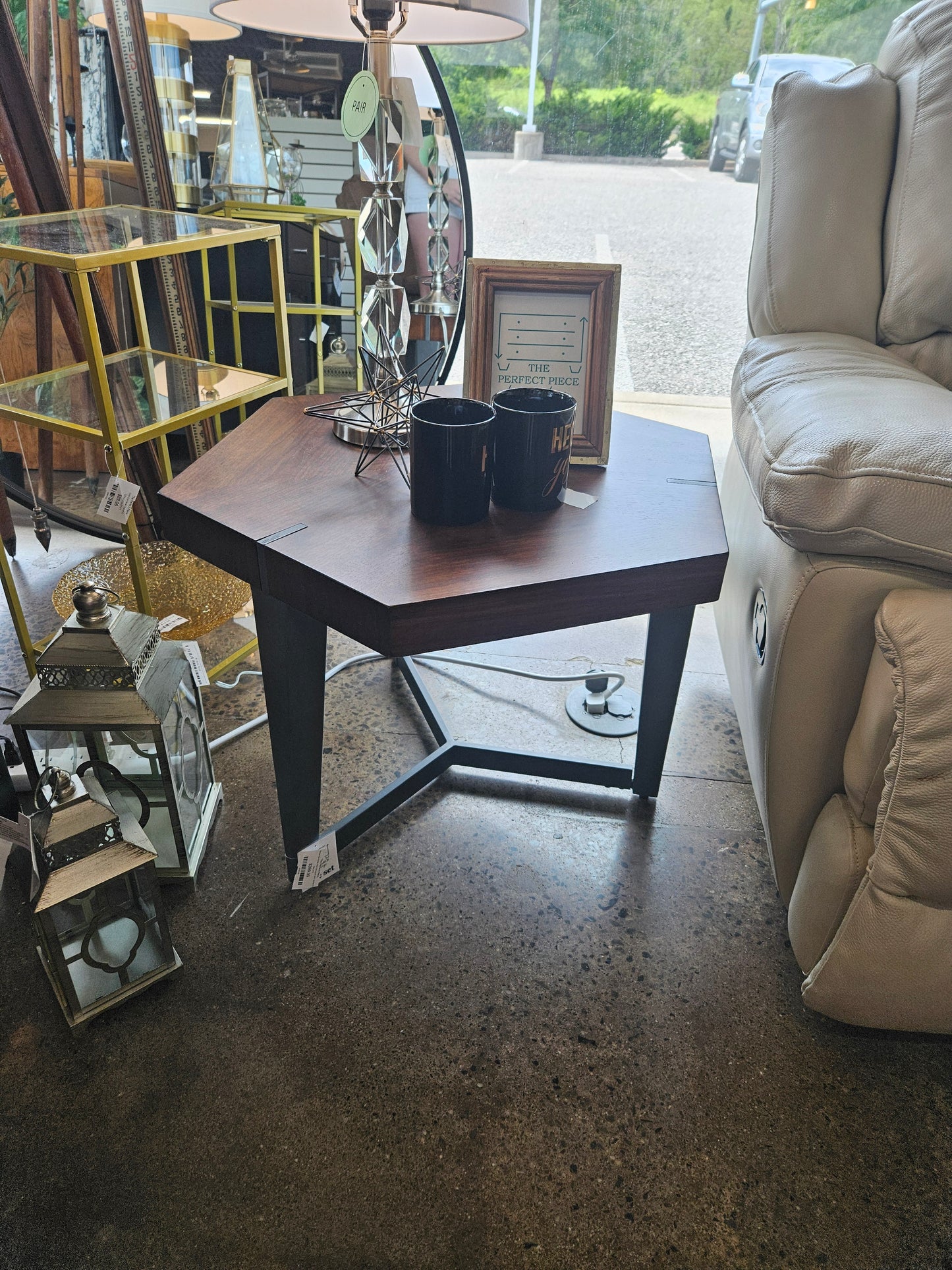 Wood top metal legs hexagon end tables (2)