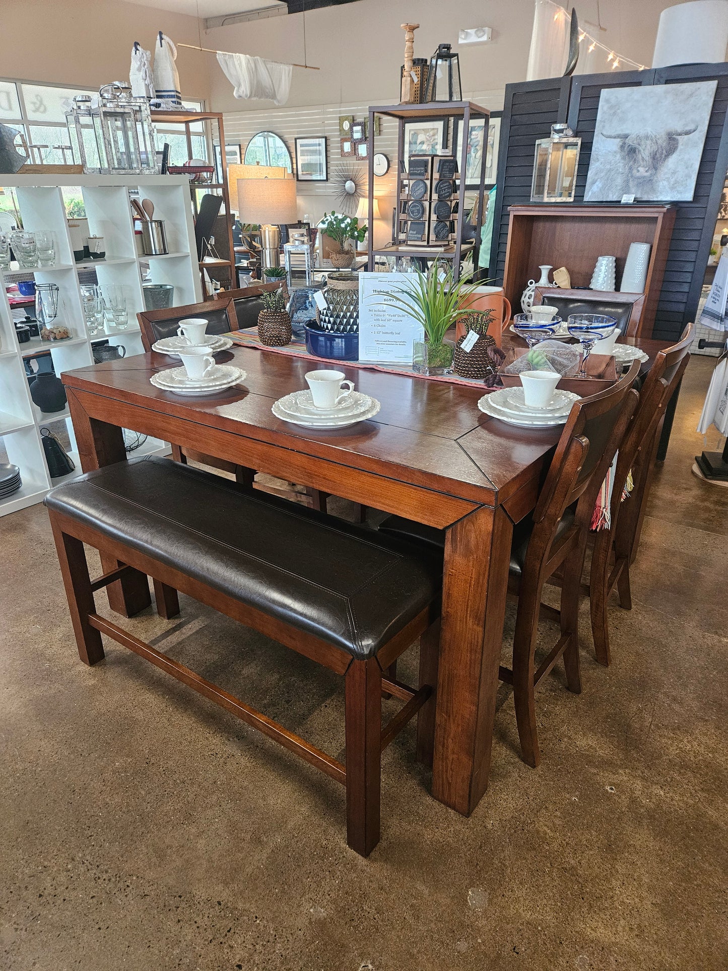 High-top Table with Leaf, 6 Chairs, Bench