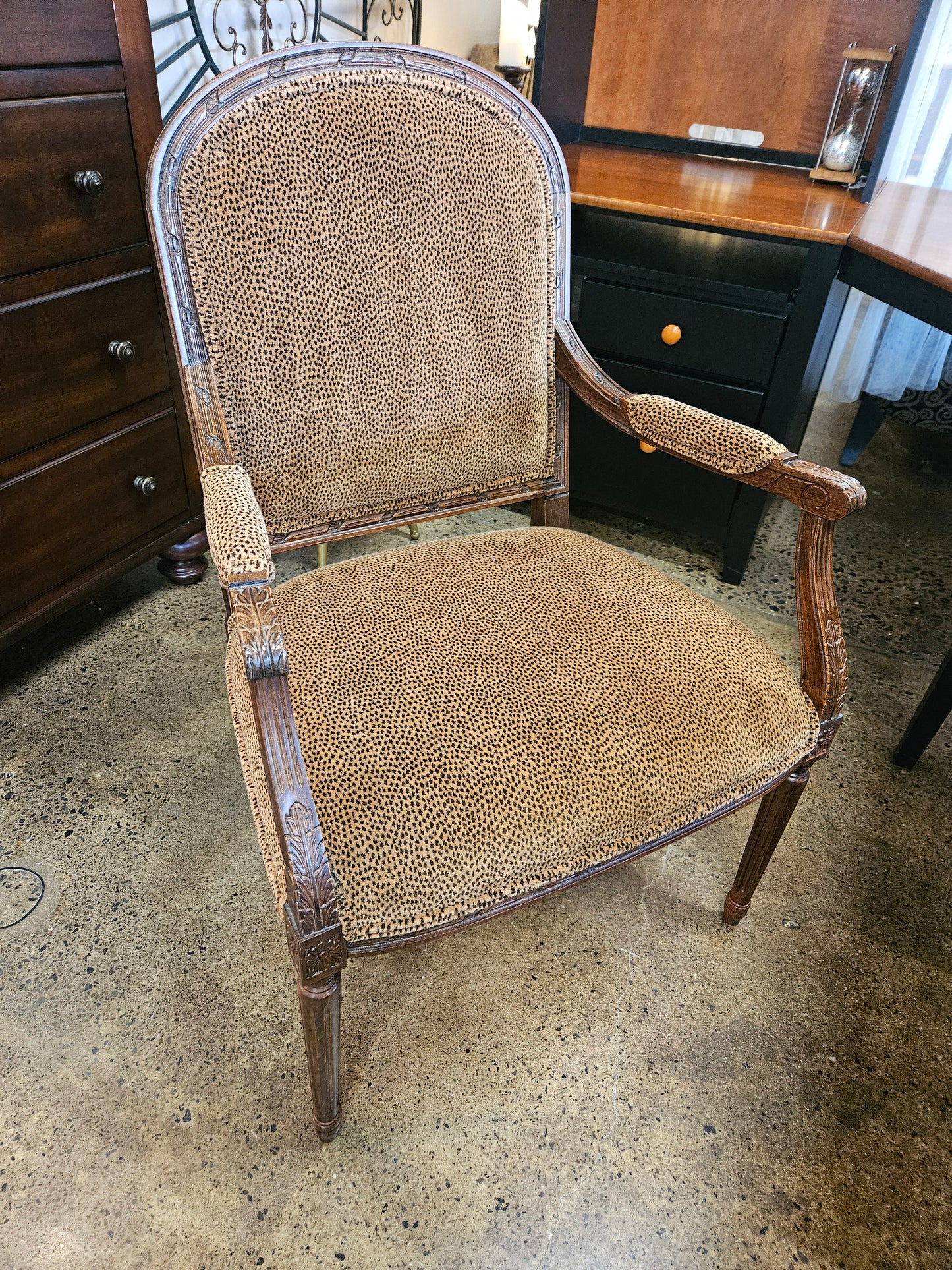 Carved Wood Accent Chair – Cheetah Print Upholstery