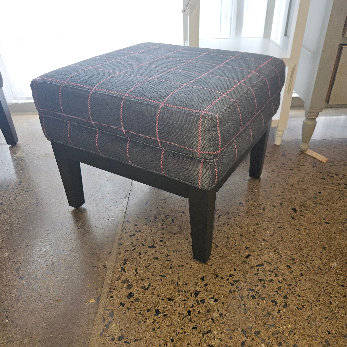 Ottoman Gray & Pink Check Wood Legs