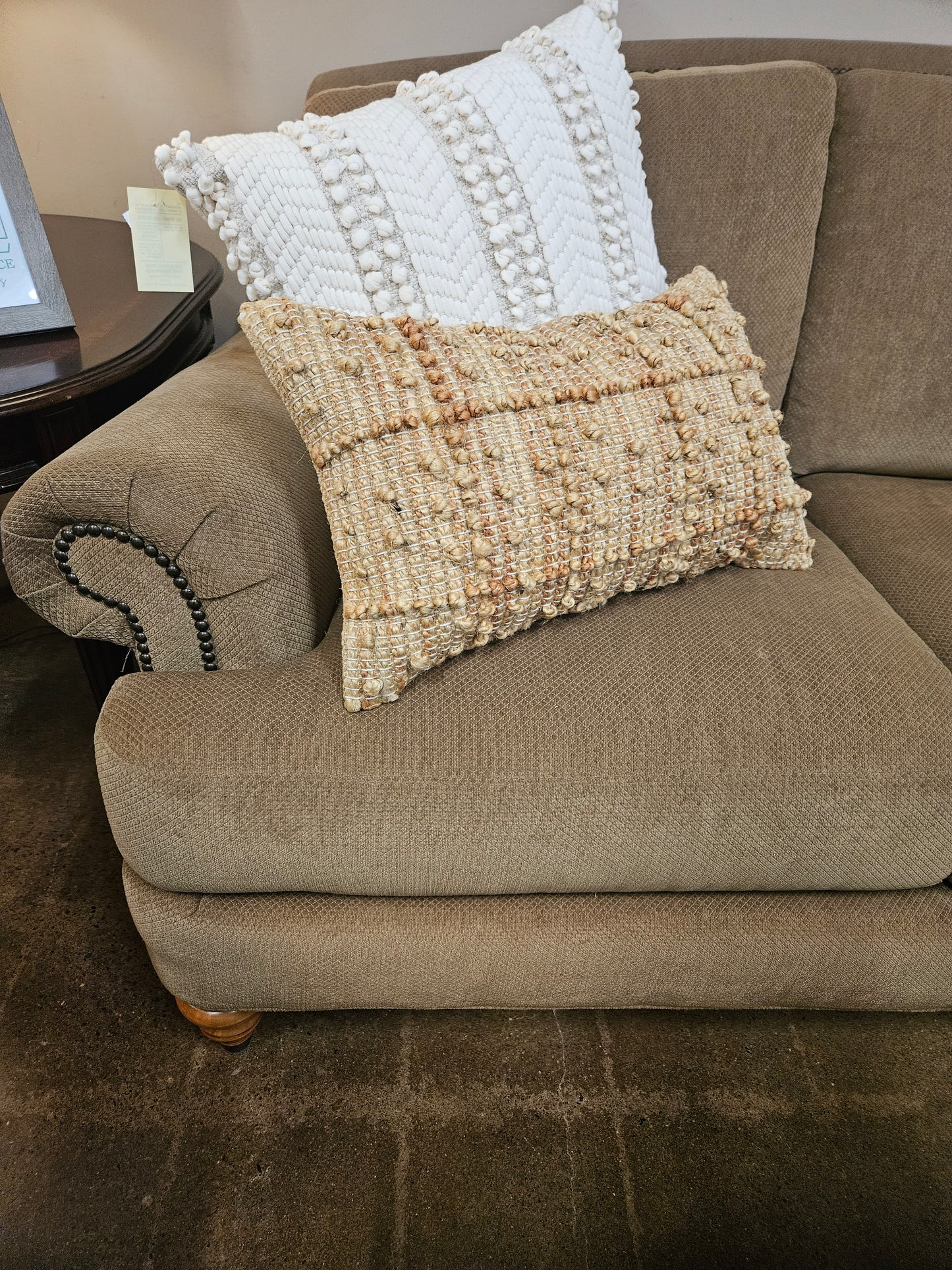 Ethan Allen gold/tan sofa with nail head trim