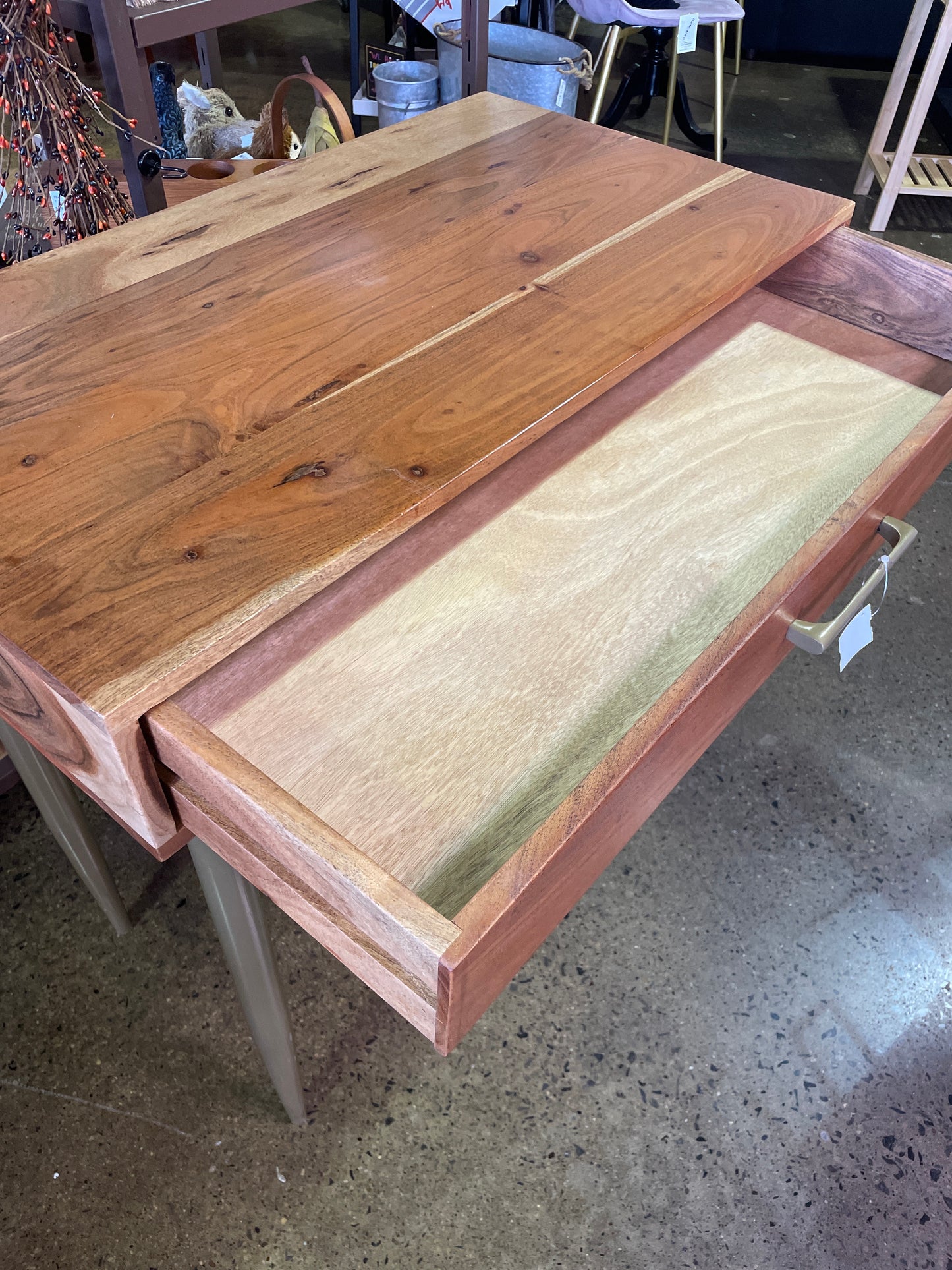 Wood Topped Desk with Metal Legs and Power Outlet