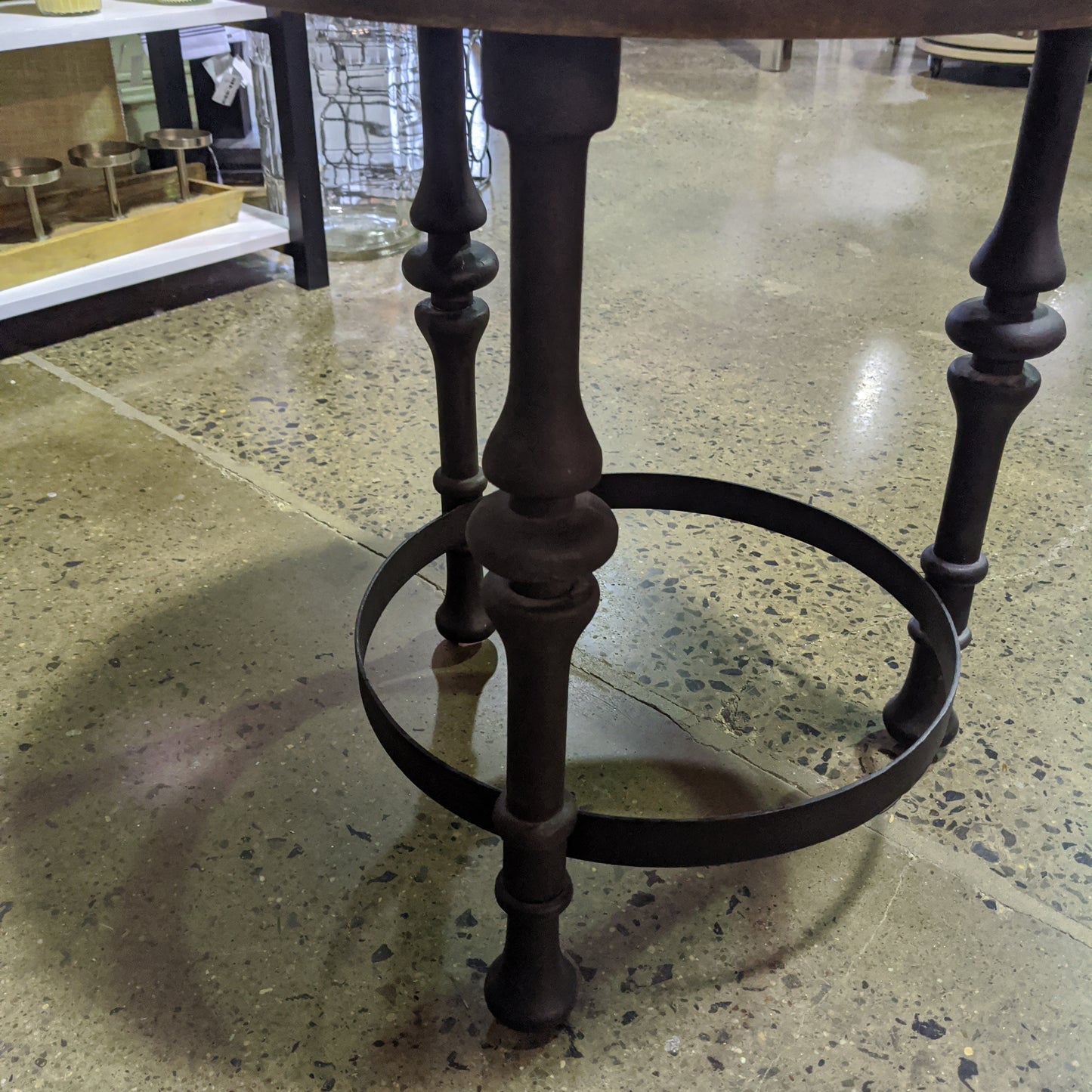 World Market industrial 3 legged brown wood and bronze metal round end table