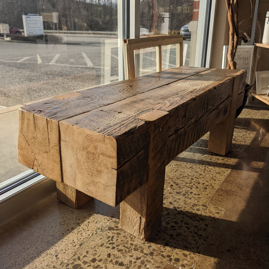 Reclaimed wood bench by local artist