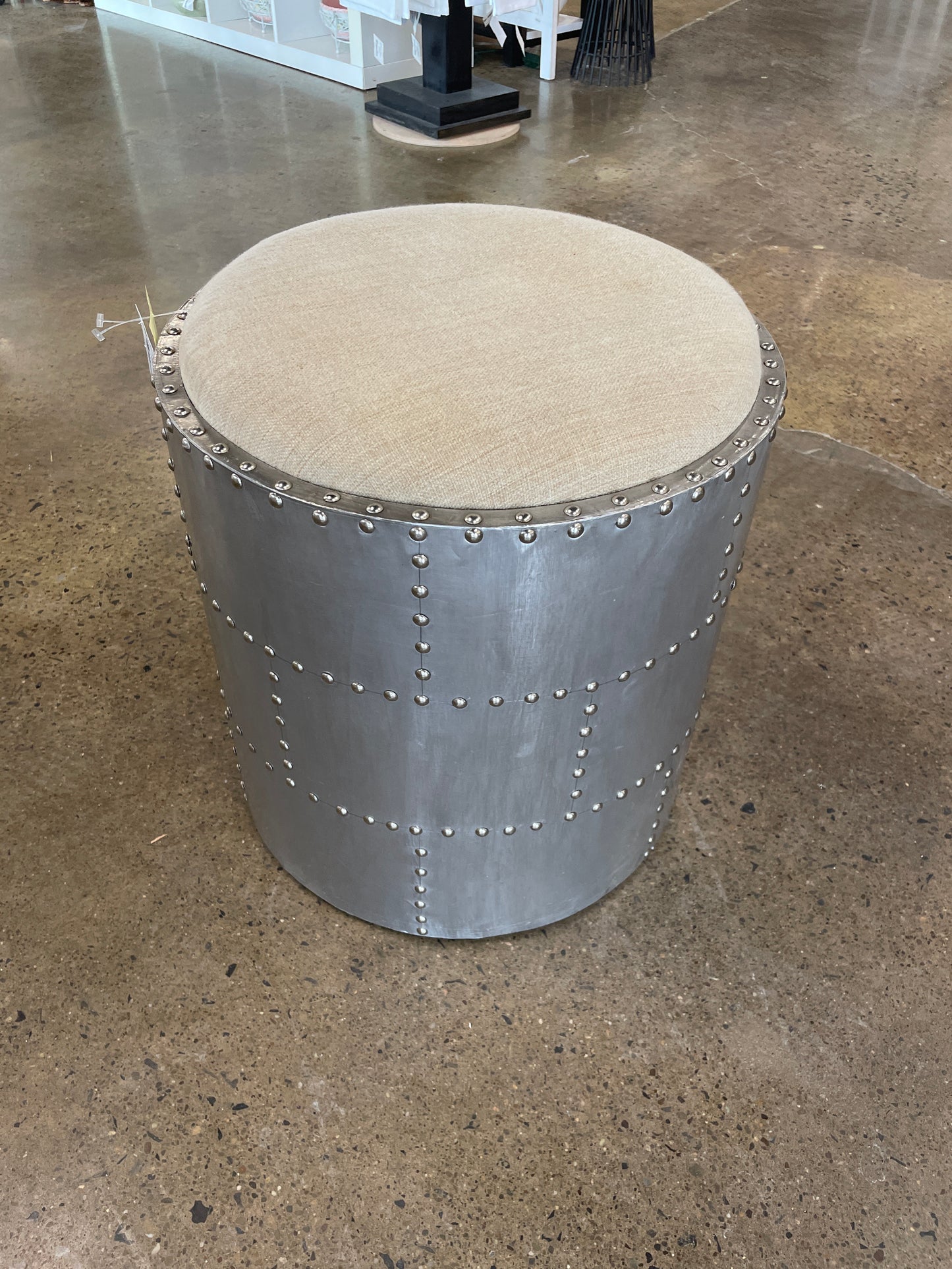 Ottoman Silver Metal w/Nail Heads Cream Top