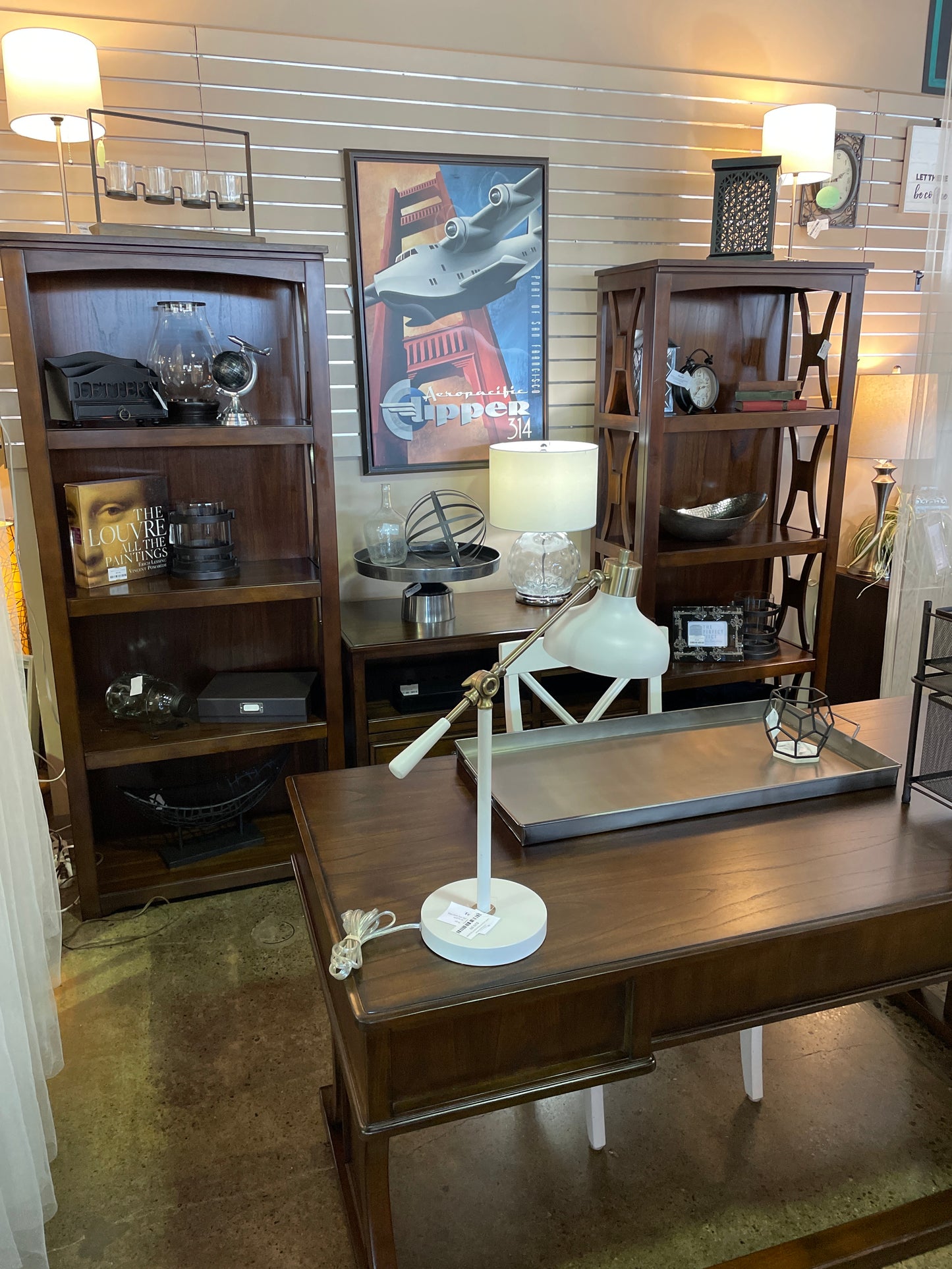 Wooden desk w/ 2 bookcases and credenza