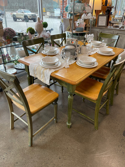 Wood top, green base kitchen table