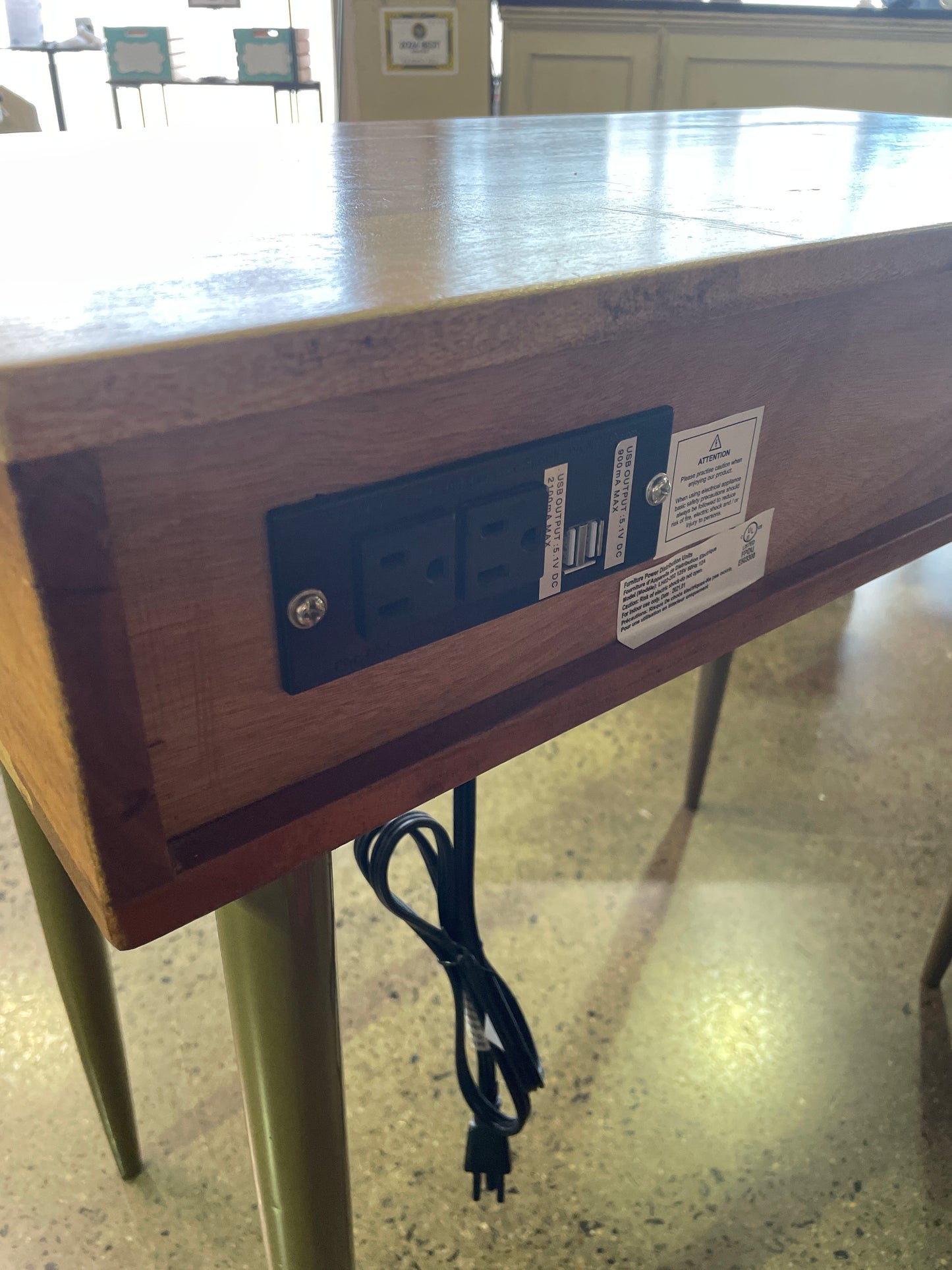 Wood Topped Desk with Metal Legs and Power Outlet